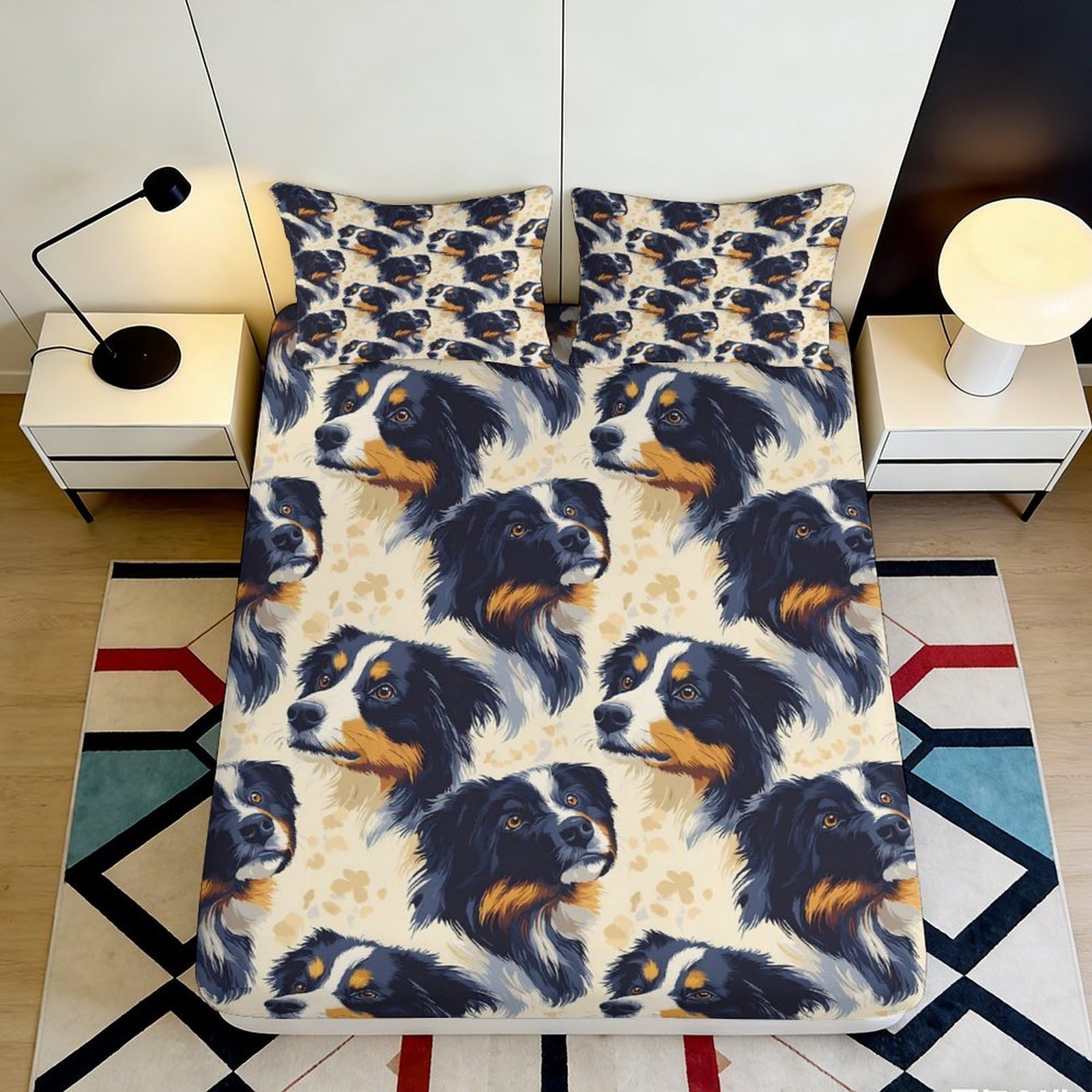 3D Printed Australian Shepherd Fitted Sheet Microfiber Durable Soft Dog Pattern Bed Cover for Bedroom Dormitory Guest Room Mattress Protection 140x200x25cm
