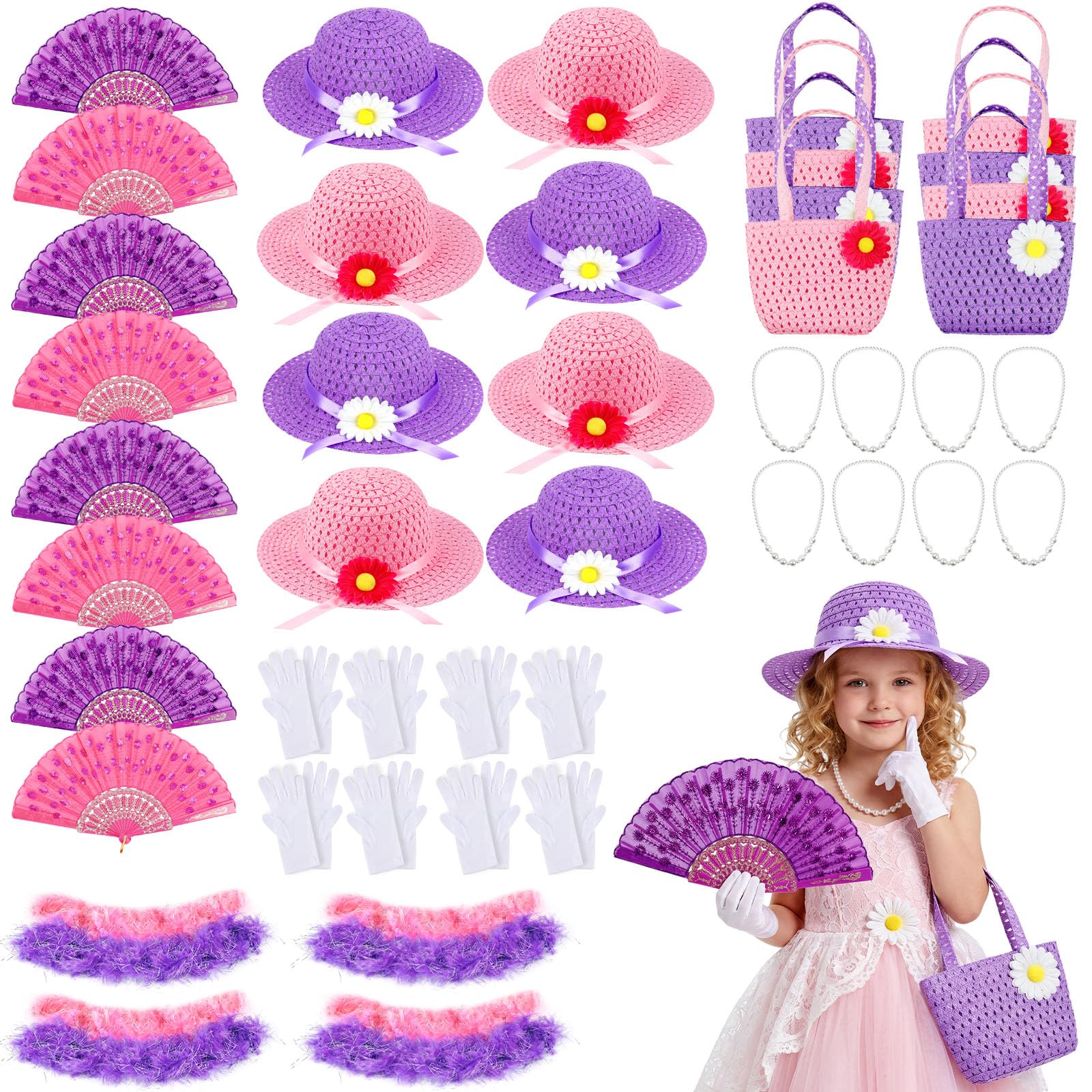 Geyoga 48 Pcs Girls Tea Party Dress up Playset Includes Toddler Tea Party Gloves and Hat Feather Boa for Kids Dress up Purses Handheld Fans for Girls