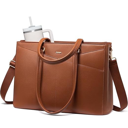 LOVEVOOK Laptop Tote Bag for Women 15.6 Inch Leather Work Bags with Large Cup Holder for Teacher Work Business,Brown