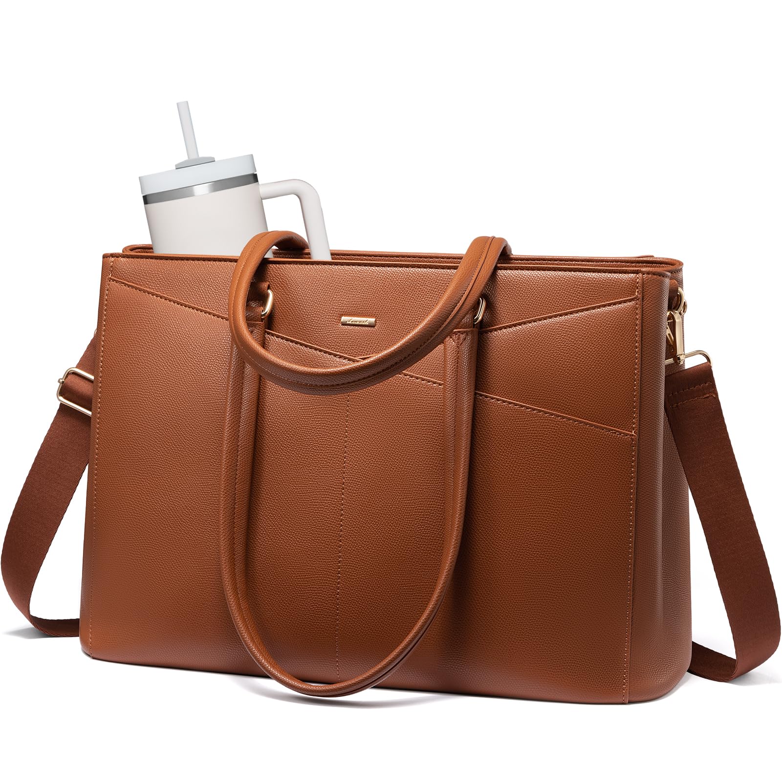 LOVEVOOK Laptop Tote Bag for Women 15.6 Inch Leather Work Bags with Large Cup Holder for Teacher Work Business,Brown