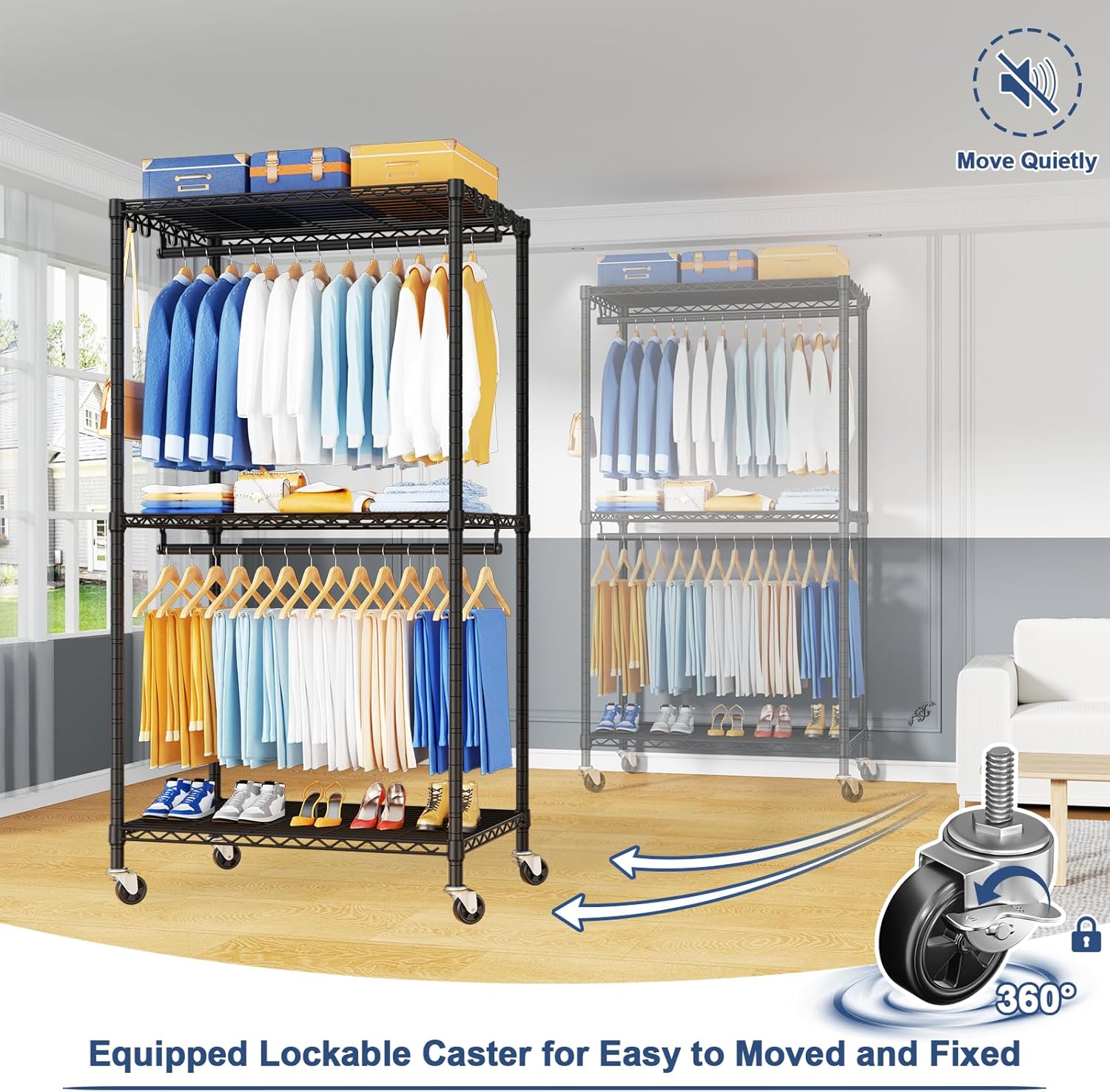 P8 Heavy Duty Clothes Rack（With Extended Width Design） Rolling Clothing Racks for Hanging Clothes，Portable Garment Rack with Lockable Wheels，31.5" W x 15.8" D x 80.5" H，Max Load 600 LBS，Black