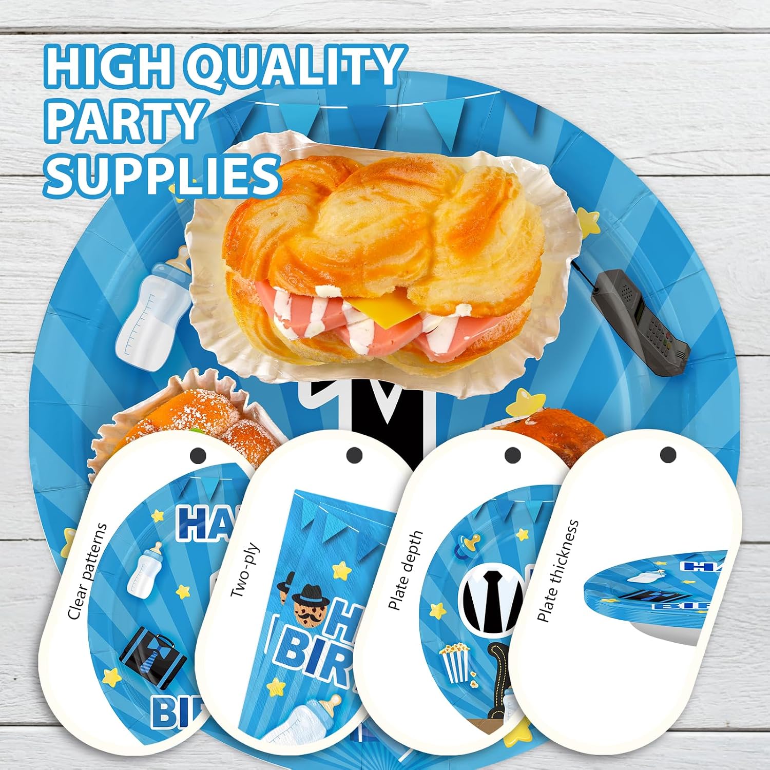 96 Pcs Boss 1st Birthday Party Decorations Baby Boy First Birthday Plates and Napkins Disposable Blue Black Boss Cartoon Themed Tableware Set for Boys Kids One Year Old Party Supplies Serves 24