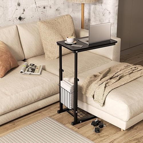 Miniatura 6 de micoe - mesa auxiliar de sofá con ruedas altura ajustable Con consola que se desliza por debajo y compartimiento de almacenamiento negro para