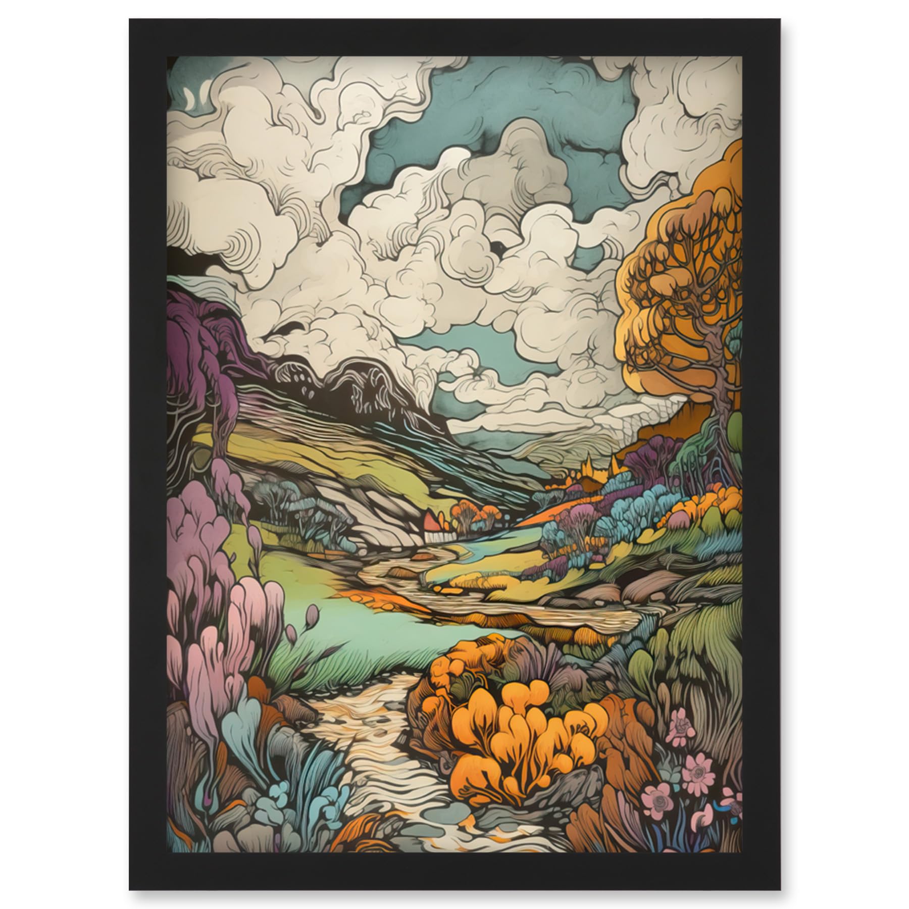 Artery8 Meadow River Multicoloured Landscape Illustration Artwork Framed Wall Art Print A4