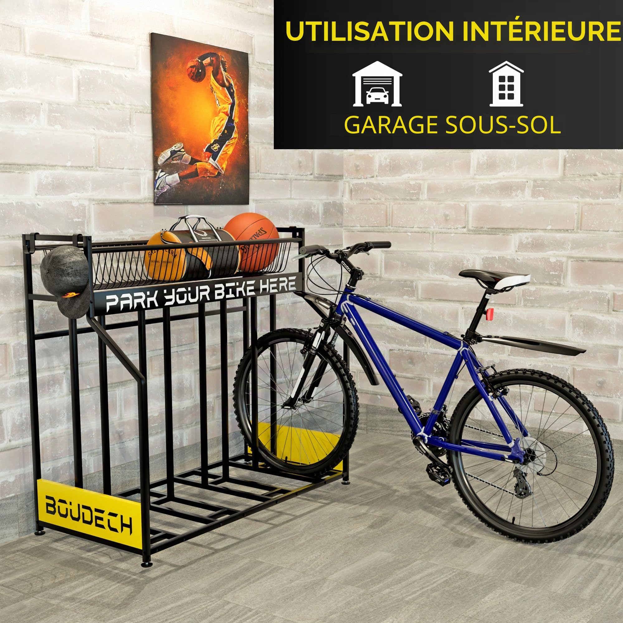 Boudech Parkade - Porte-vélos 4 places support pour vélo au sol de garage avec panier de rangement et 4 crochets en métal noir