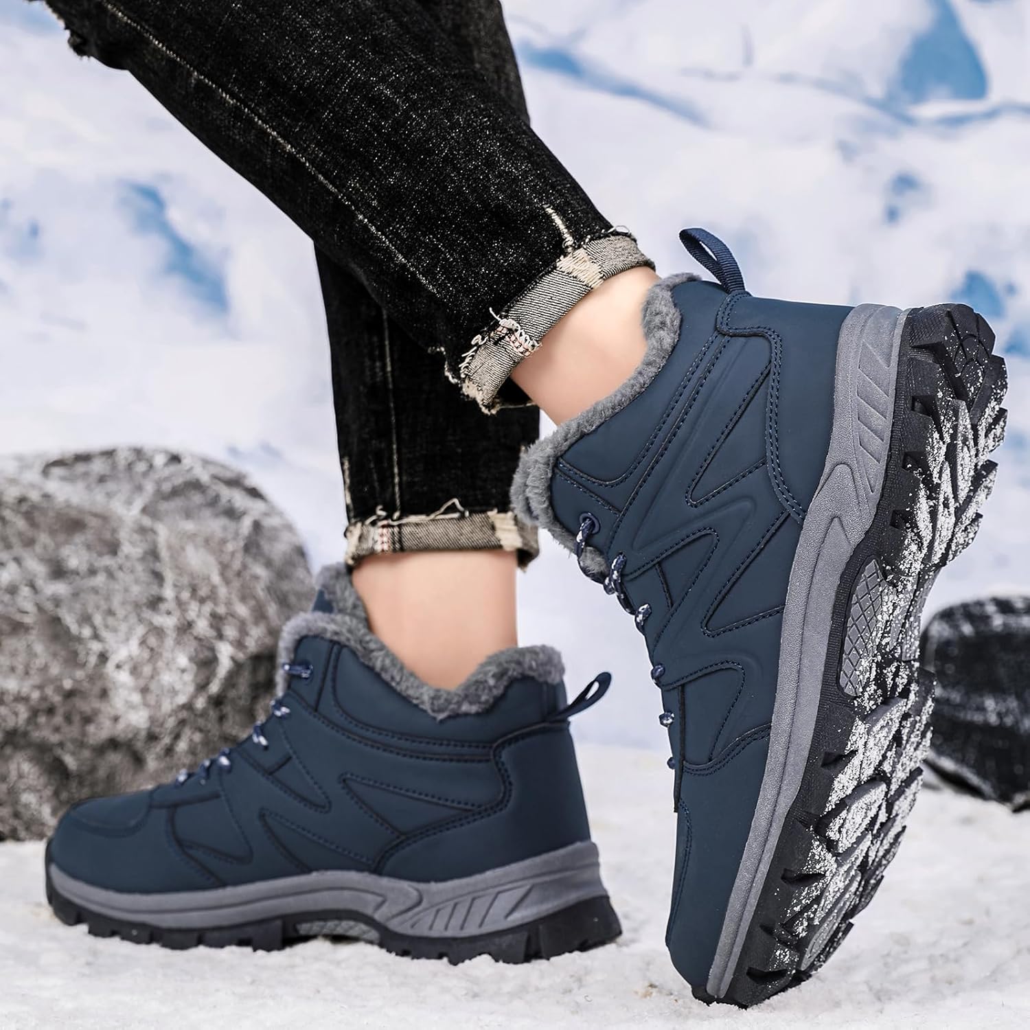 Moodeng Mens Snow Boots Warm Cozy Winter Boots Water-Resistant Lightweight Hiking Booties Anti-Slip Outdoor Walking Shoes
