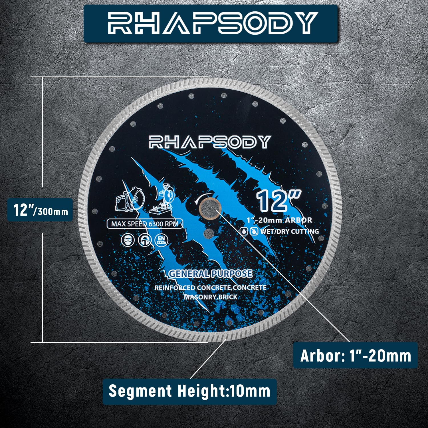 RHAPSODY Lama per sega diamantata da 12 pollici, bordo turbo continuo per uso generico, taglio a secco/calcestruzzo bagnato, cemento armato, muratura, mattoni, blocchi, pietra 7/8"-5/8" pergolato