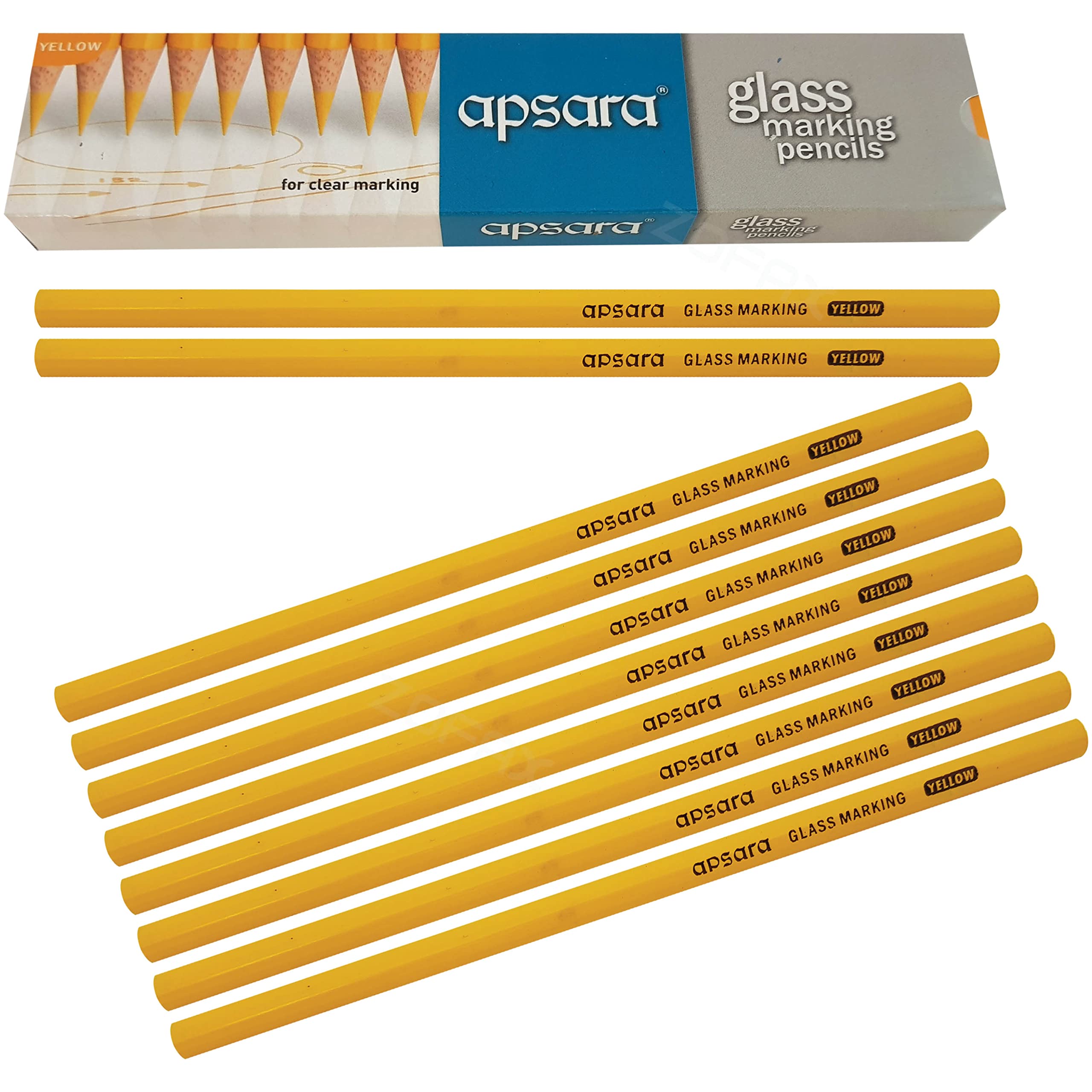 APSARA Glass Marking Pencils, YELLOW, Pack of 10, Wax Based Smooth Lead, Ideal for Glass Leather Metal Vinyl Optical Lenses Marking, iZOFAX Black Ball Pen