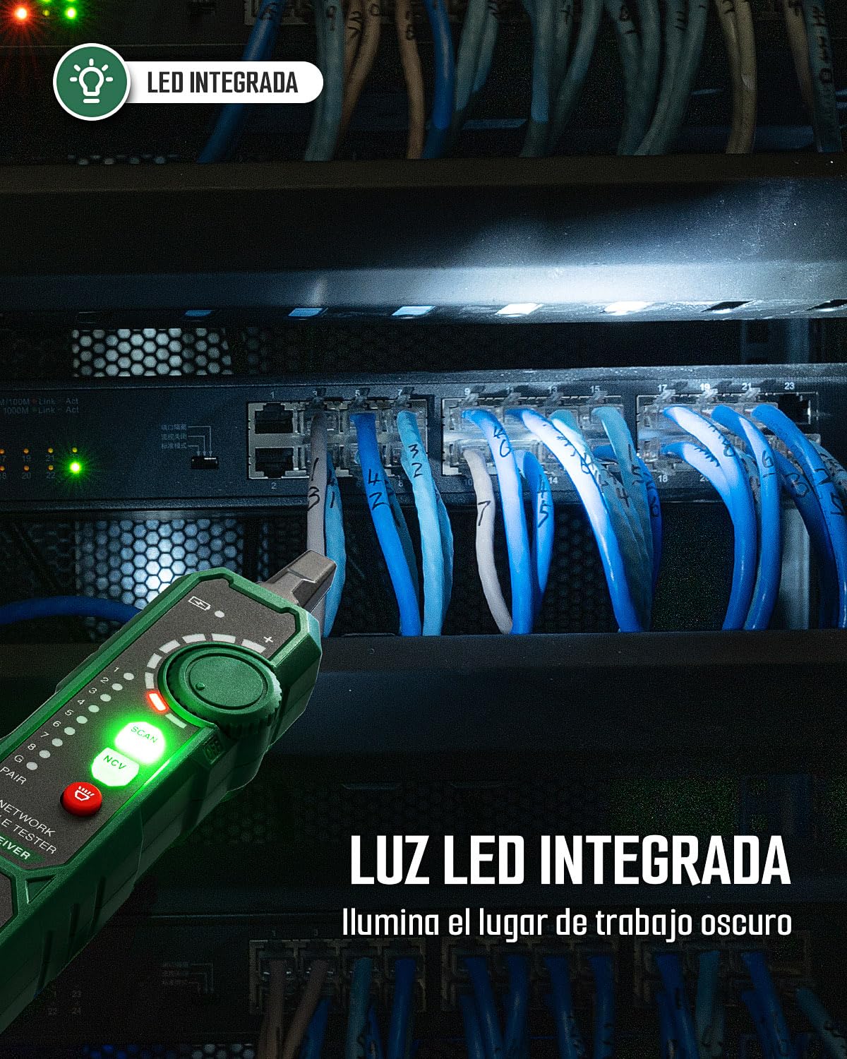 TESMEN TLP-900AR Comprobador de cables de red, RJ11 RJ45, para CAT5/6/POE/STP, con emparejamiento, Continuidad, QC&NCV, apto para Ethernet, Teléfono, mantenimiento y clasificación de cables -verde