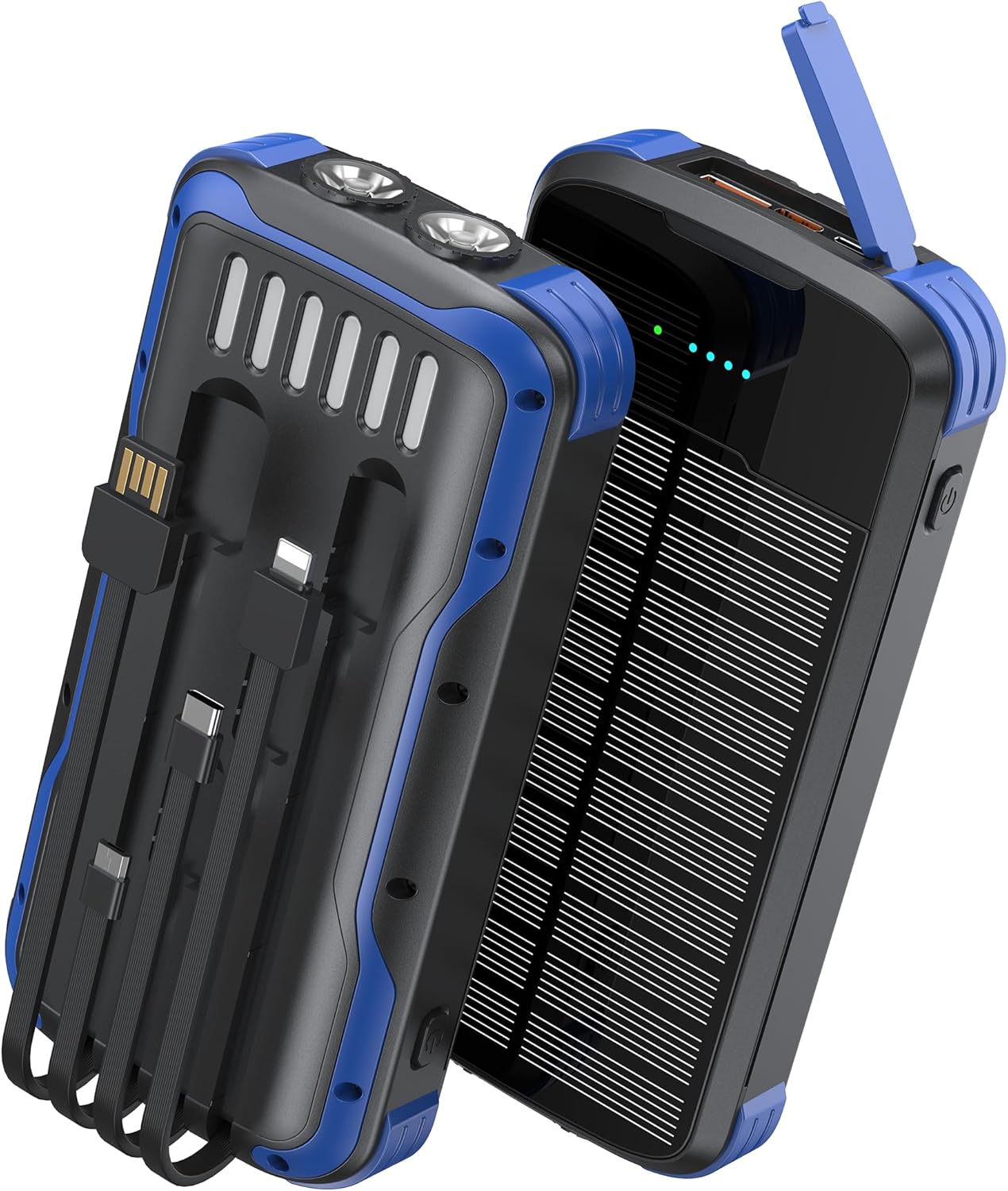 Photo voltaic Charger Energy Financial institution, PD 20W Quick Charging Exterior Batter, 40000mAh Transportable Cellphone Charger Inbuilt 4 Cables with Twin Vivid Flashlights for Tenting, Mountaineering, and Out of doors Use (Blue)