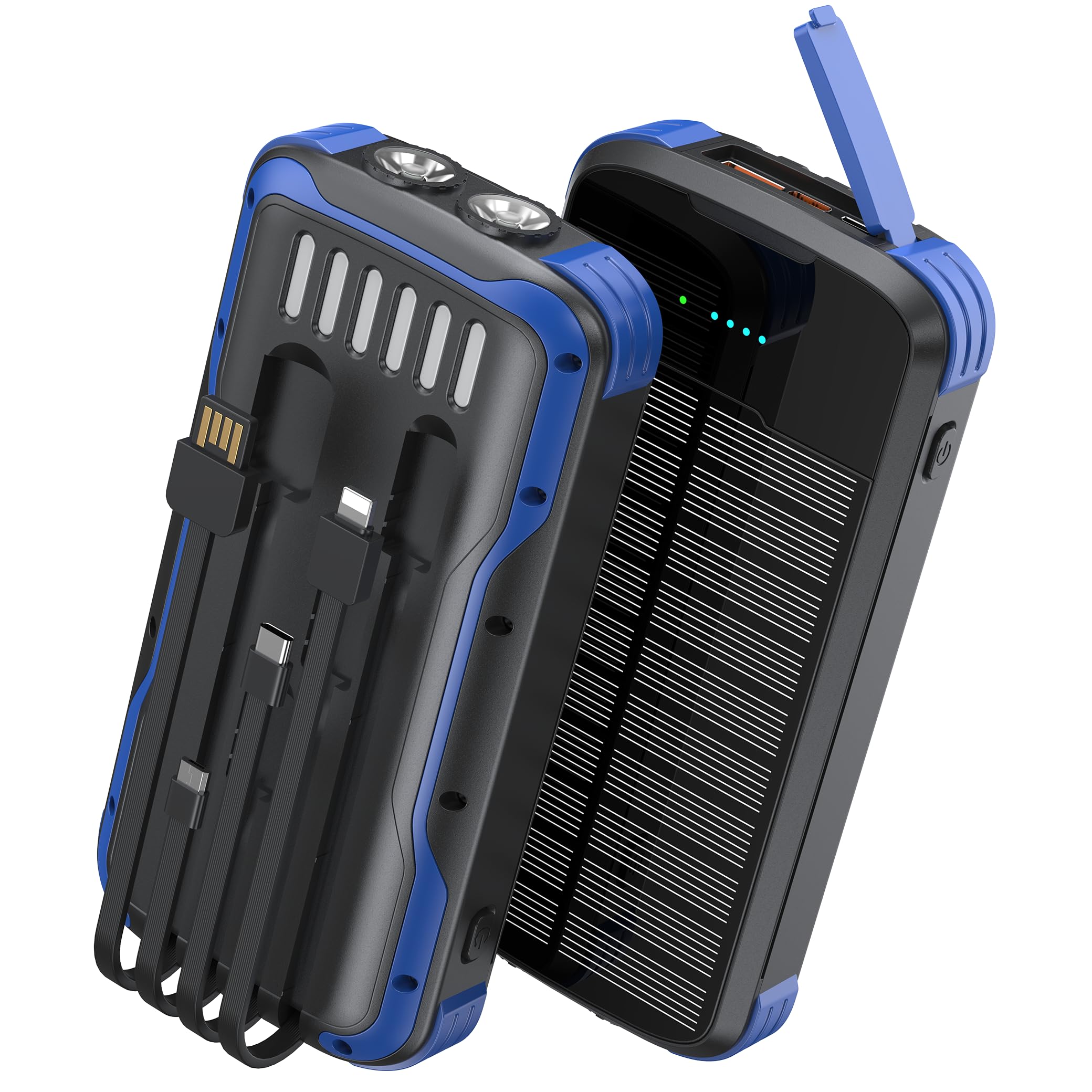 SOXONO Solar Charger Power Bank, PD 20W Fast Charging External Batter, 40000mAh Portable Phone Charger Built in 4 Cables with Dual Bright Flashlights