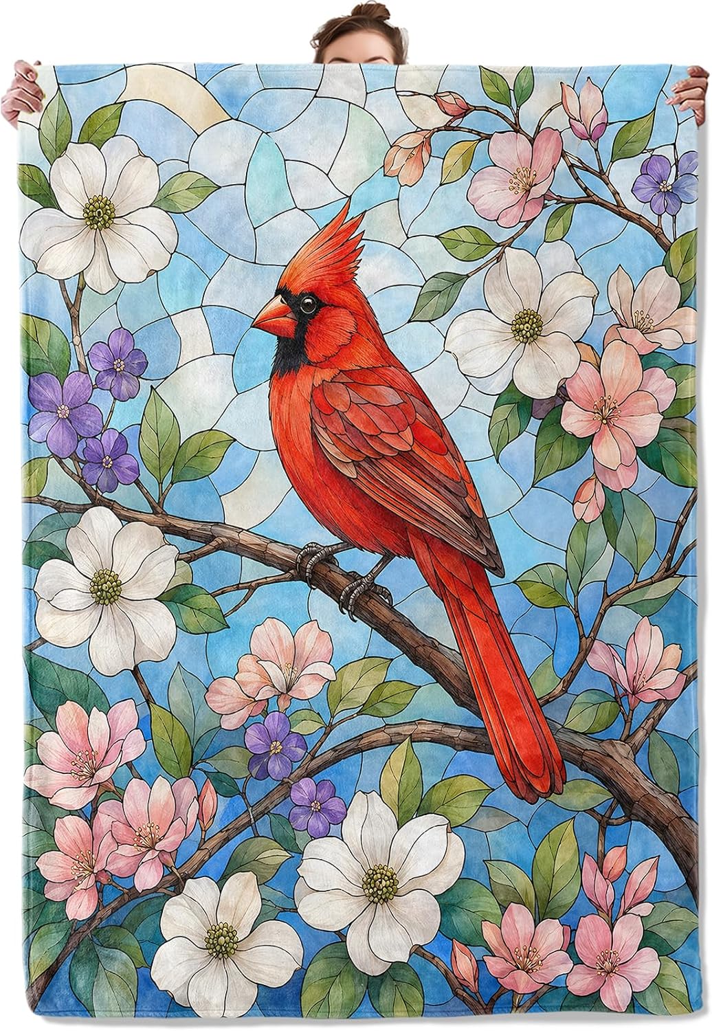 Vintage Cardinal Bird Flannel Throw Blanket, Stained Glass 50x60 in