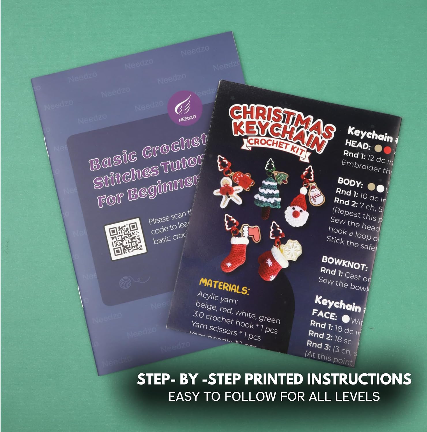 Needzo Christmas Keychain Crochet Kit, Holiday Amigurumi, All Supplies Included, Step-by-Step Video Tutorials, 5 Designs