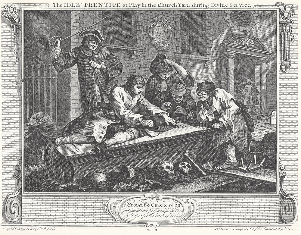 Lámina William Hogarth: Industry and Idleness en marco marrón pequeño para decorar despachos