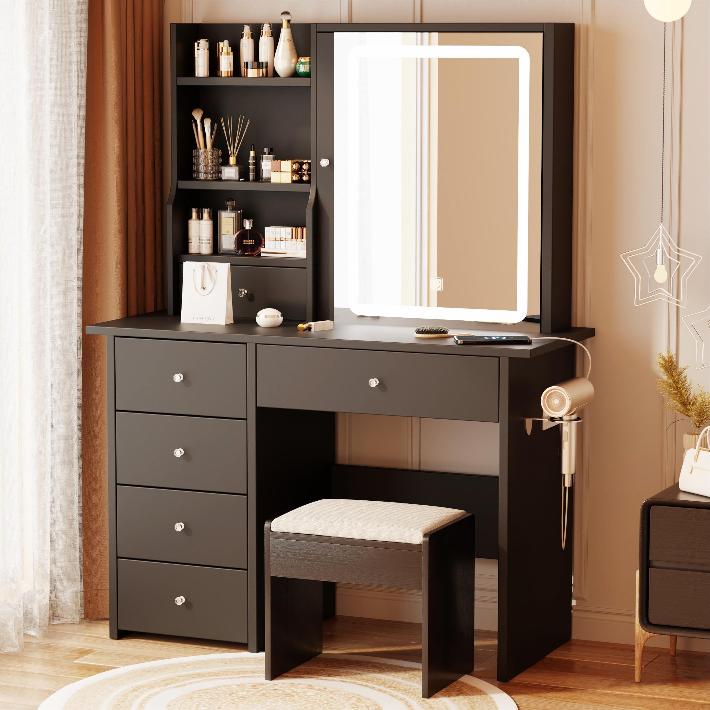 vanity desk with mirror and led lights, makeup vanity set with power outlet, and stool,jewelry storage,black vanity desk for bedroom