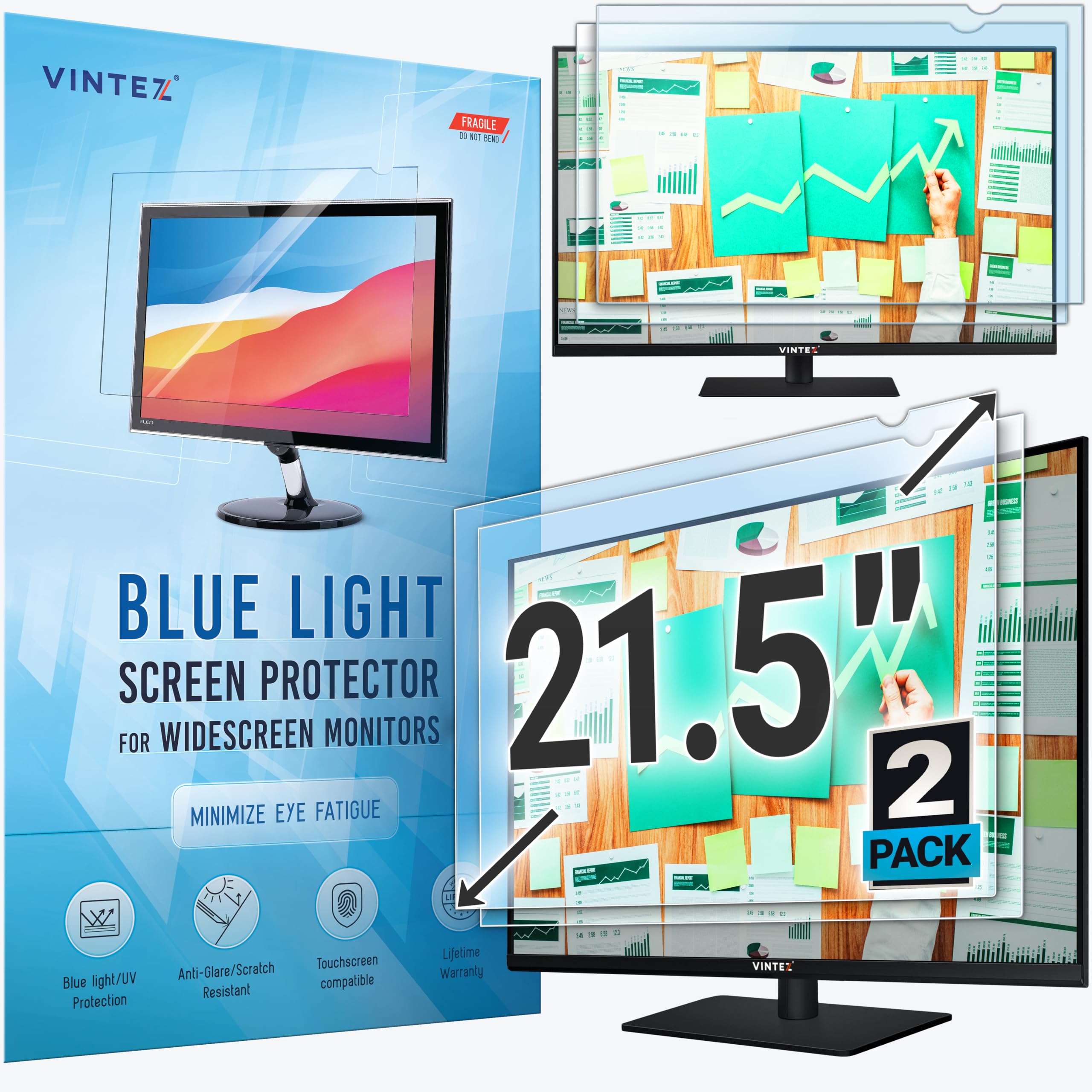 21.5 inch Anti-Glare Blue Light Blocking Screen Protector Panel for 16:9 Widescreen Computer Monitor and Laptop - PC Anti-UV Eye Protection Filter Film - Anti-Scratch Diagonal Frame Shield [2 Pack]