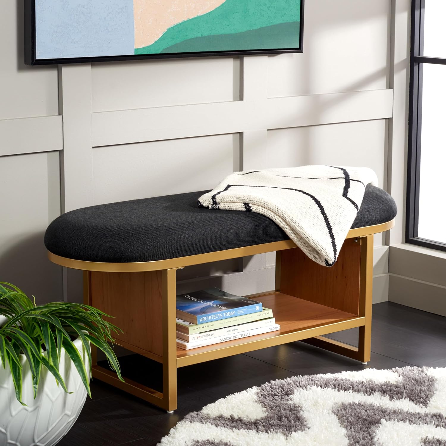 SAFAVIEH Home Collection Iona Black/Walnut Open Shelf Bench with Cushion