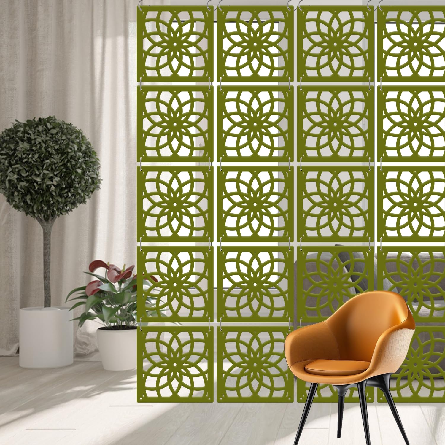 OLIVE TREE Room Divider Partitions for Living Room | 12 Pcs Hanging Room DIY Divider Panel | Modern Hanging Screen Partition for Hall Bedding, Dining, Study and Hotels -(11.5" x 11.5") Mehandi9002-image-25