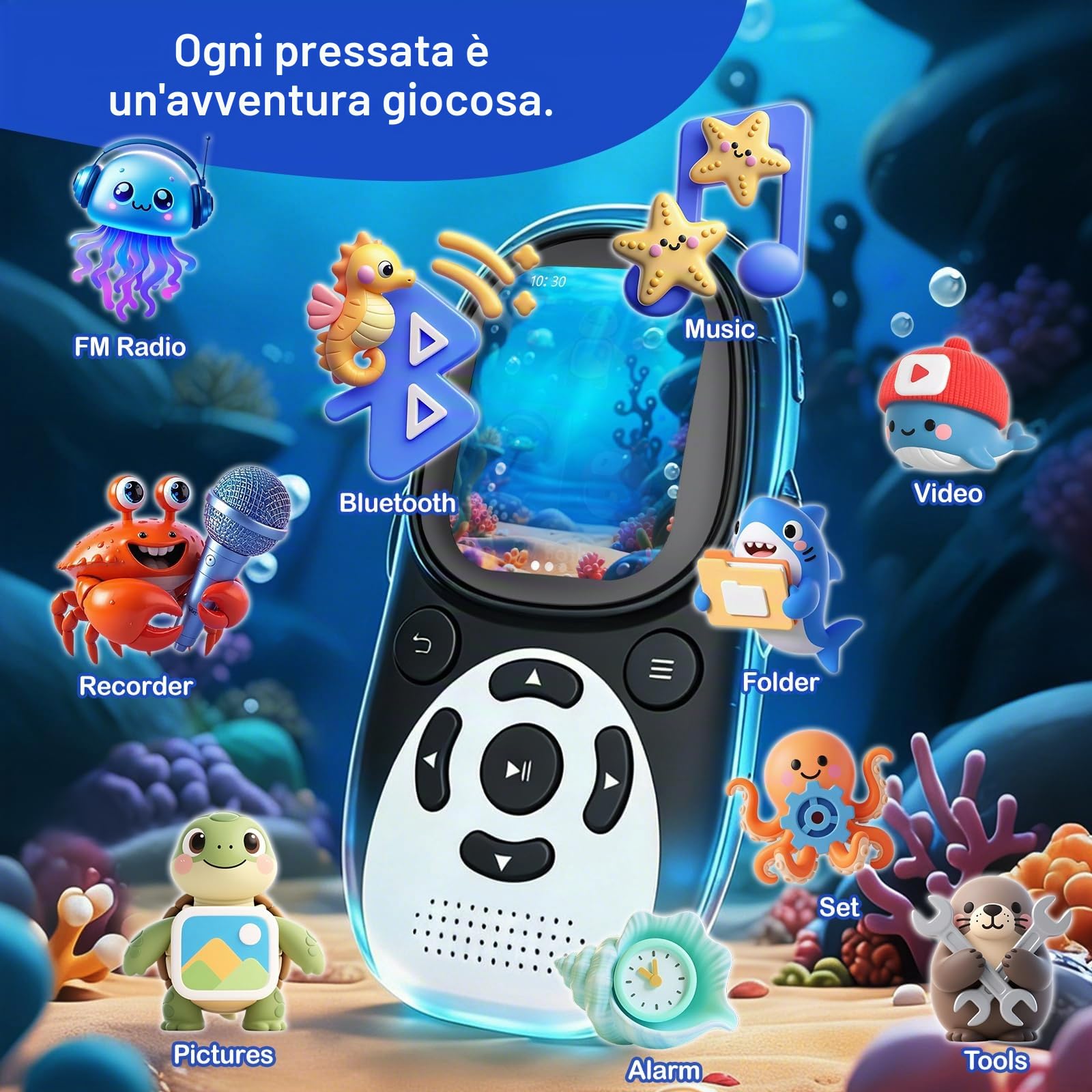 64GB Lettore MP3 Bluetooth 5.3 per Bambini, Design Pinguino con Schermo IPS 2'' & Interfaccia Sottomarina, Altoparlante Integrato, Radio FM,Batteria 750mAh, Regalo per Bambini, Espandibile 128GB