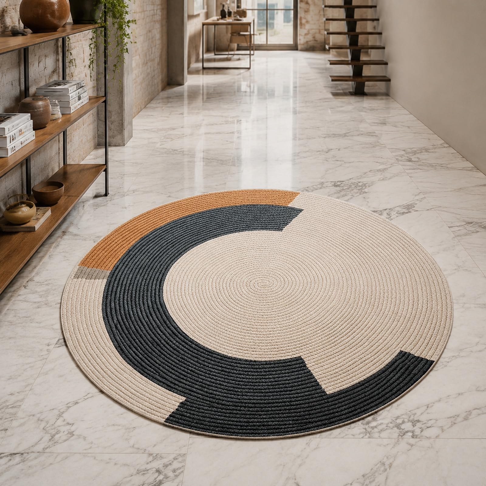 Tapis moderne rond beige contre les sols froids du bureau et de la chambre