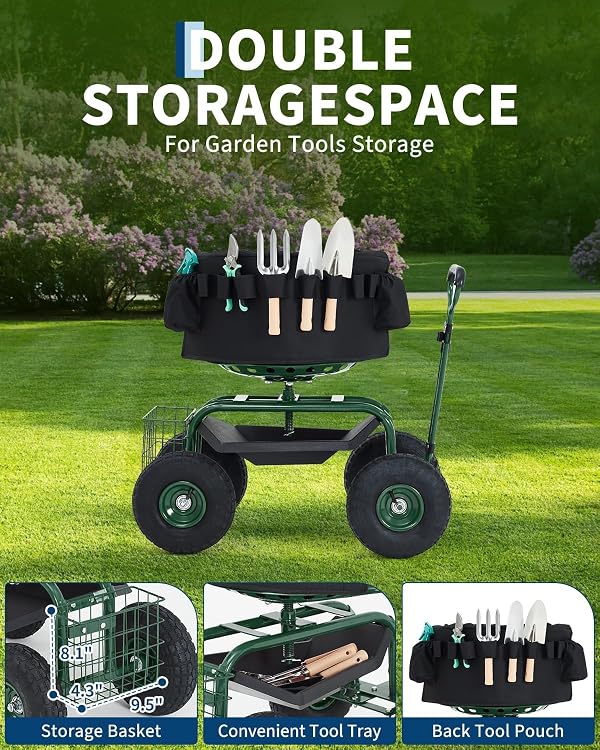 Rolling Garden Work Seat with Wheels, 360° Swivel Seat Gardening Cart with Extendable Steering Handle, Tool Tray and Storage Basket, 300 lbs Capacity, Gardening Stools for Patio, Yard, and Outdoors by Garvee - Image 4