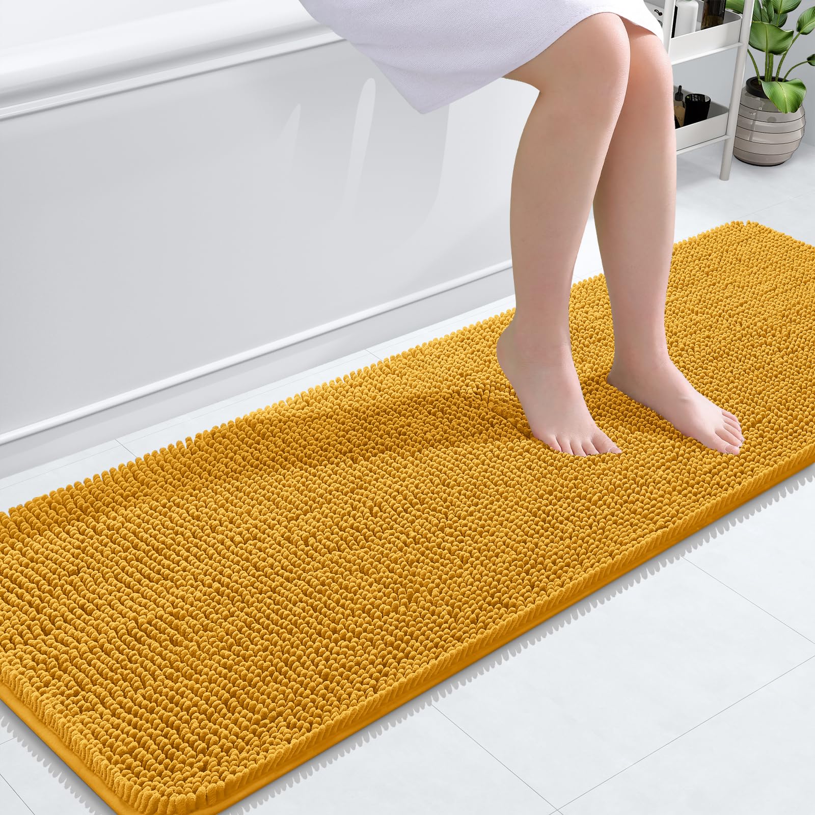 OLANLY Bathroom Runner Rugs 59x20, Extra Soft Absorbent Chenille Bath Rugs | Golden Yellow, Quick-Drying Rubber Backing, Washable Long Bath Mat for Bathroom Floor, Tub and Shower, Home Decor Accessories