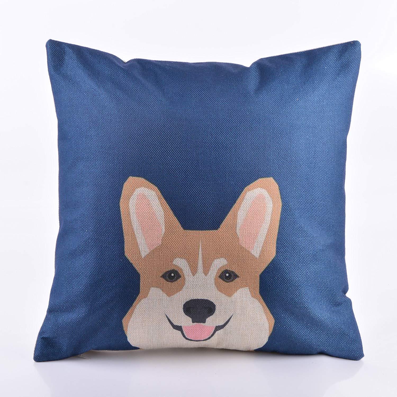 DECORLUTION Cute Dog Printed Pattern Throw Pillowcase for Home Sofa Bed Decorative 18-Inch-by-18-Inch Cotton Linen Blend Square Cushion Cover Square Pillow Case Standard Size Pillow Cover (Blue)