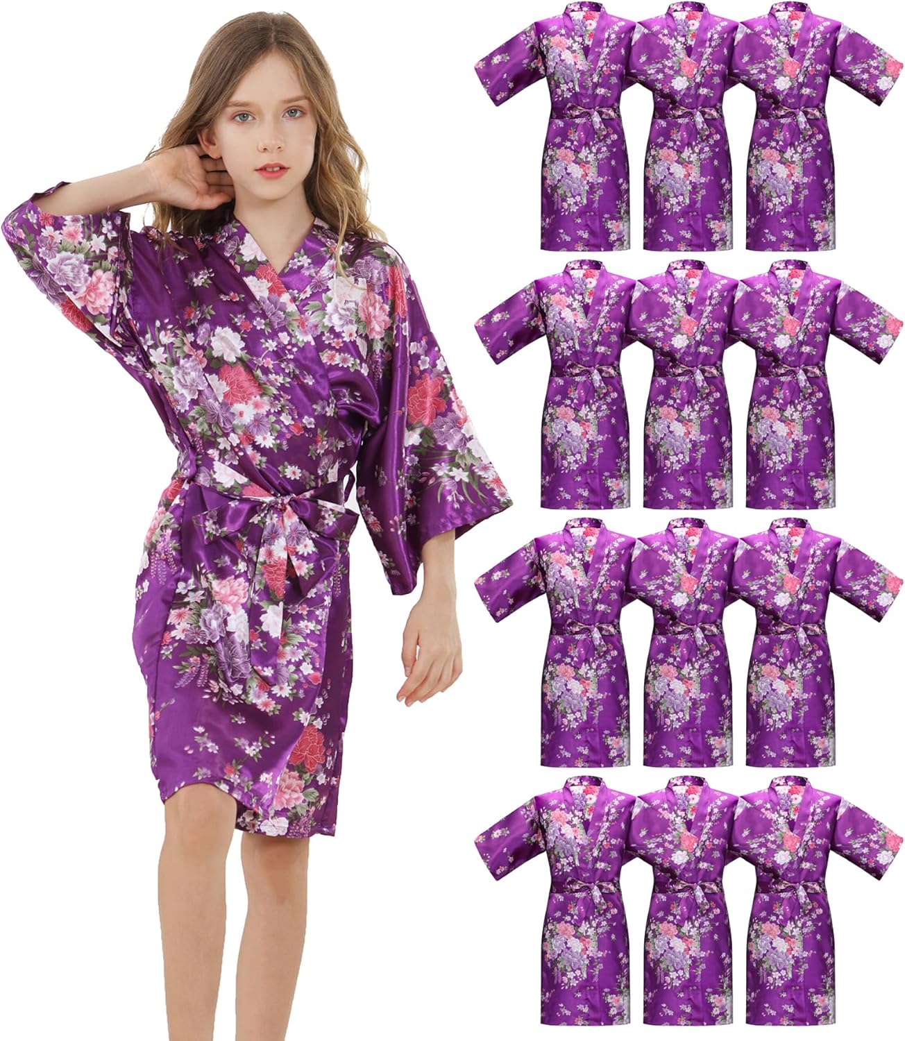 12 Piece Kids Silky Satin Robes Girls Spa Robes for Girls Party Floral Kimono for Wedding Birthday Slumber Spa Party
