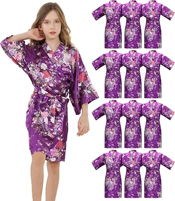 12-Pack Girls Satin Robes Floral Kimono Short Kids Silky Bathrobes | 12 soft satin kimono robes in one pack. Open front, self-tie waist for easy fit. Great for weddings, parties, spa, sleepovers