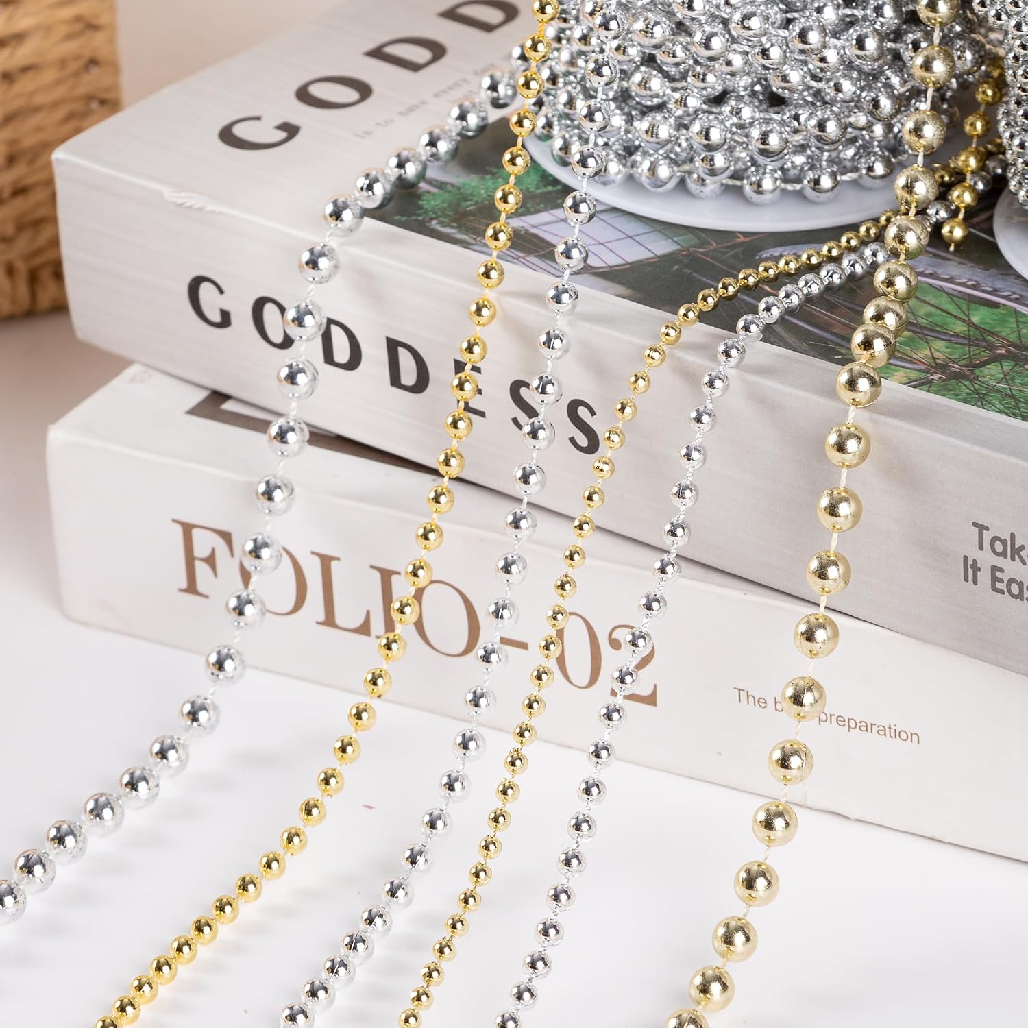 Craft String Pearls 4MM Gold Faux Pearl Garland,165FT Beaded Trim Roll, ABS Pearl Strand for Wedding Decorations, Christmas Tree, DIY Crafts, Bridal Bouquet, Party Decor