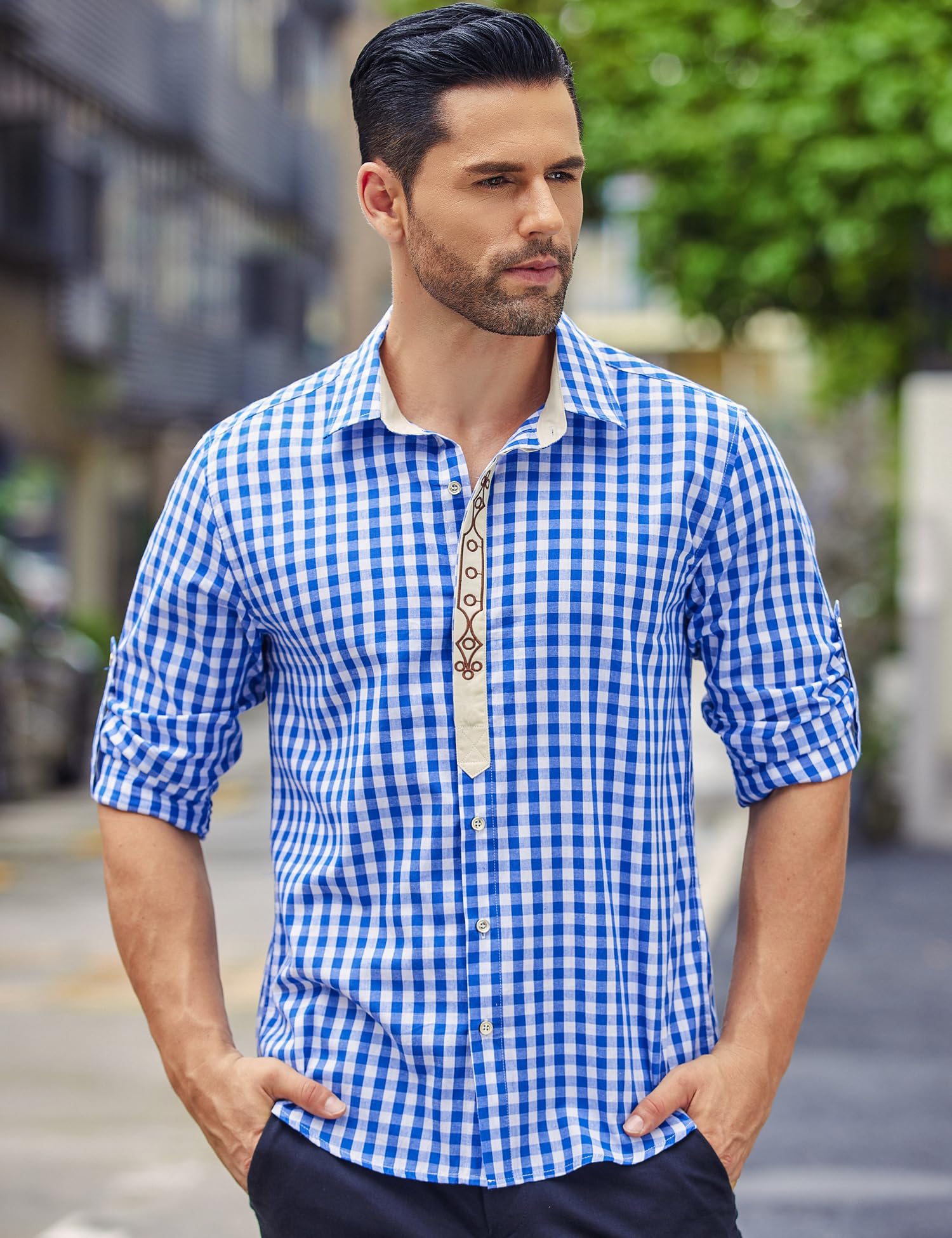 COOFANDY Herren Langarm Trachtenhemd Karriert Oktoberfest Hemd Regular Fit Karohemd Freizeithemd Plaid Shirt Tracht Festhemd Oberteil