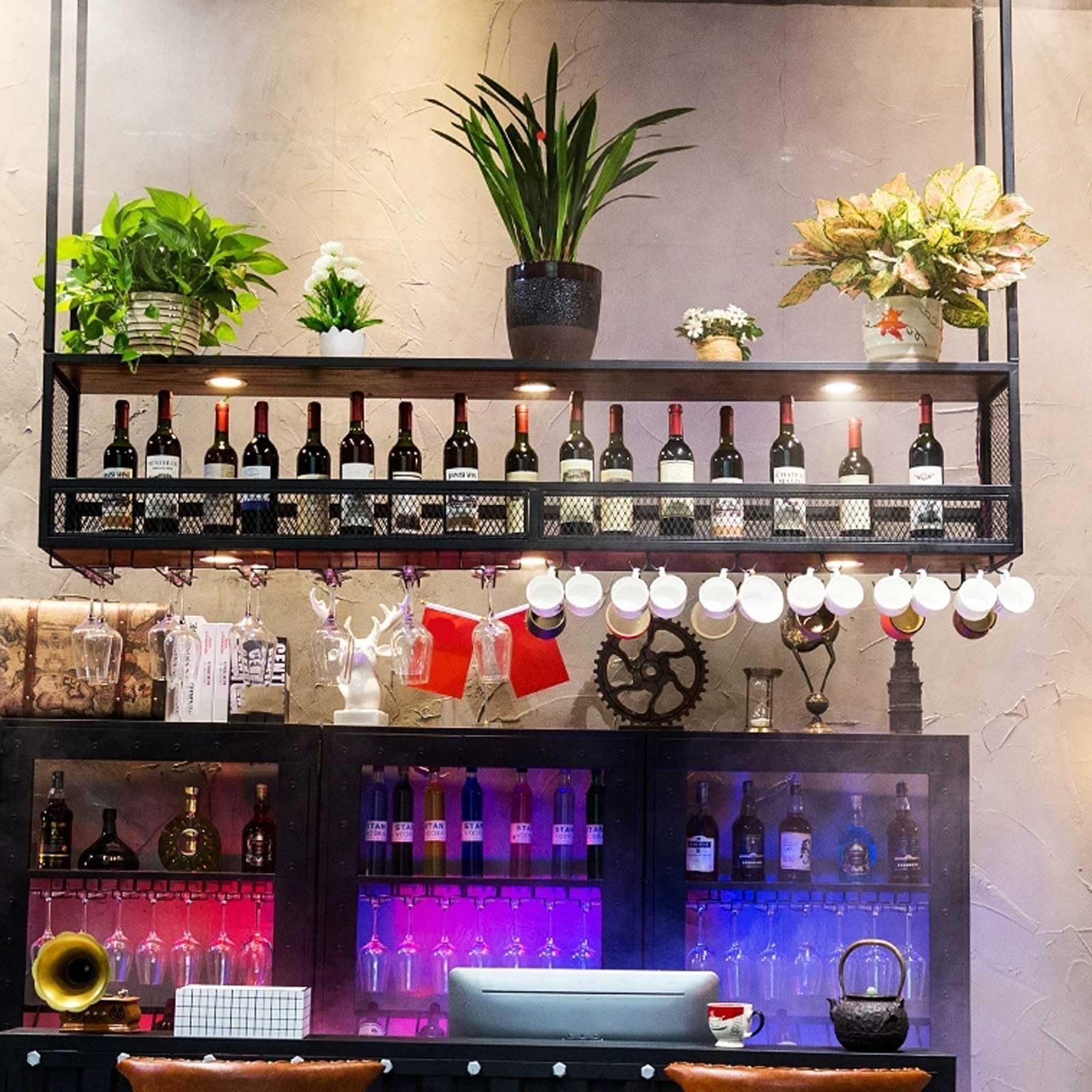 Étagère à vin suspendue en hauteur réglable à 2 niveaux pour bar, restaurant, café, cuisine