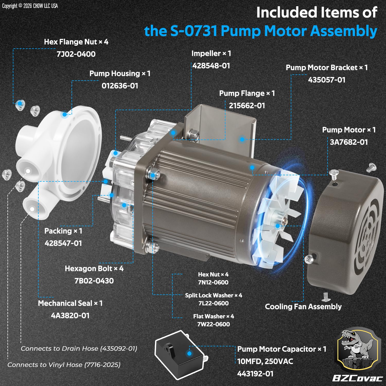 S-0731 Water Pump For Hoshizaki, Ice Machine Motor Assembly With Mounting Plate, 14-Inch Cable, And Factory Plug on Fridge.com - View 5
