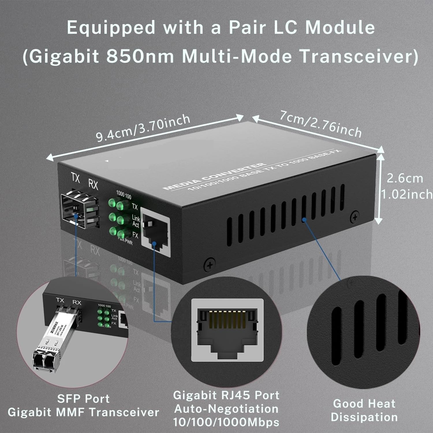 Gigabit SFP LC Multimode Module Fiber to RJ45 Ethernet Media Converter Fiber Optic Transceiver with 1.25G SFP LC Module(1PCS Adapter)