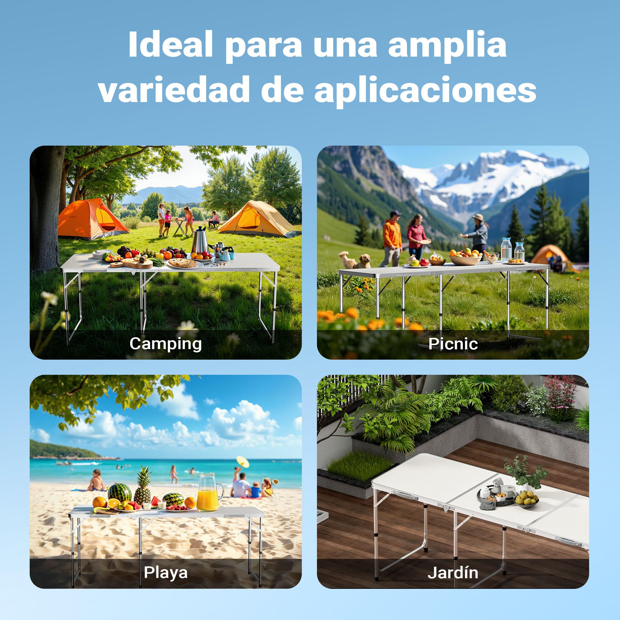 Mesa de Camping Plegable 180x60x70cm Ajustable en Altura 55/62/70cm portátil Multifuncional