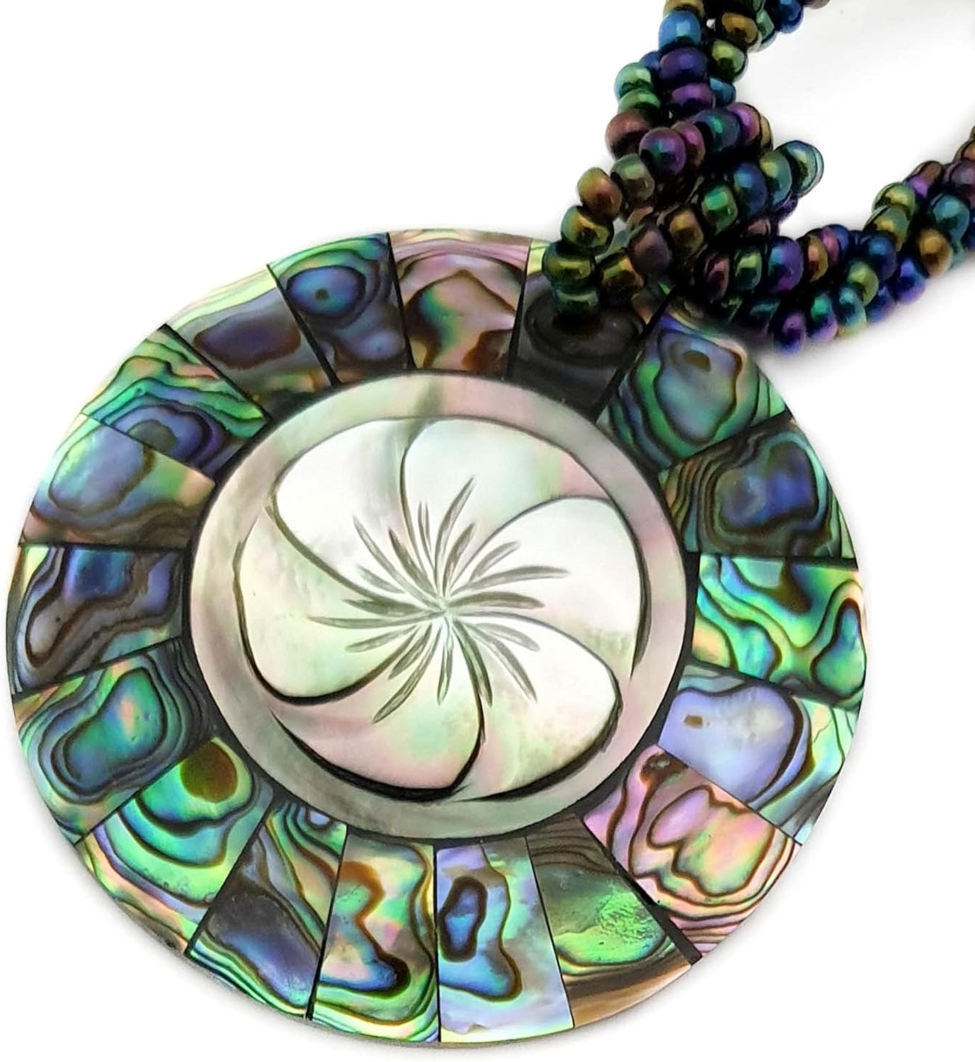 Round Iridescent Abalone Shell Necklaces for Women, Hand Crafted Natural Flower Mother of Pearl Necklace, Handmade Rainbow Color Beads Seashell Abalone Necklace Jewelry BA310 - Image 2