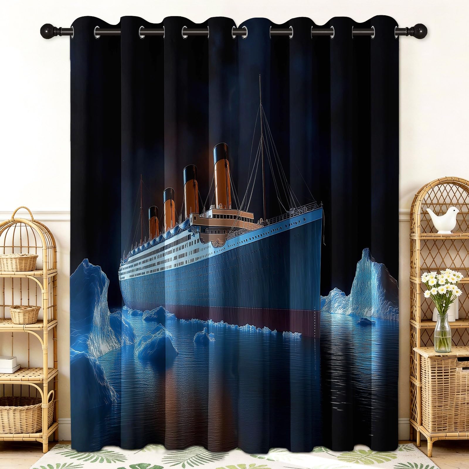 2-częściowy zestaw nowoczesnych dekoracyjnych zasłon fotograficznych Titanic - dekoracyjne zasłony do salonu lub sypialni, wysokiej jakości tkanina zaciemniająca, elegancki styl, czarny, 75 x 166 cm