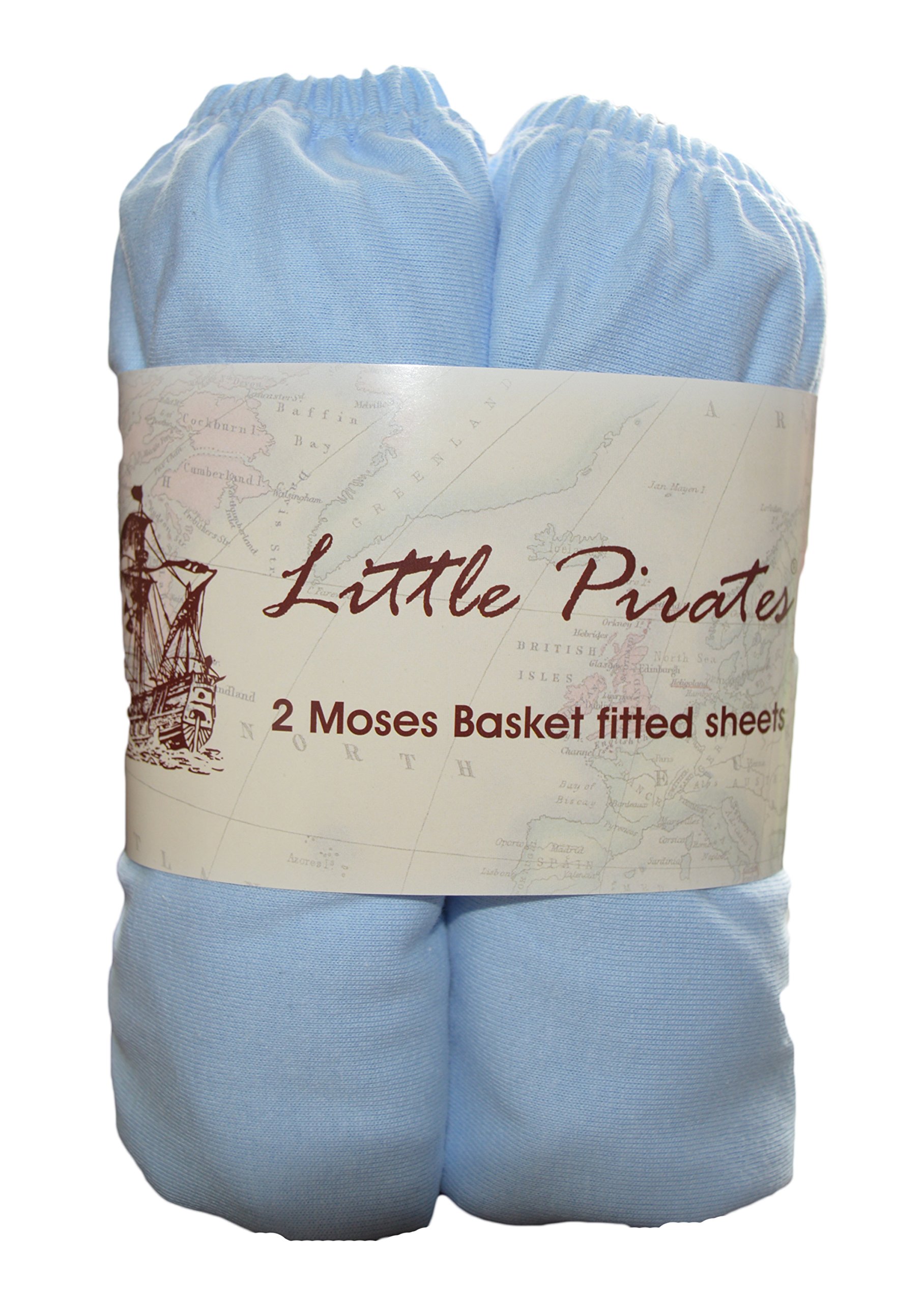 2 x Baby Pram Moses Basket Jersey Fitted Sheet 100% Cotton Blue 30x75cm