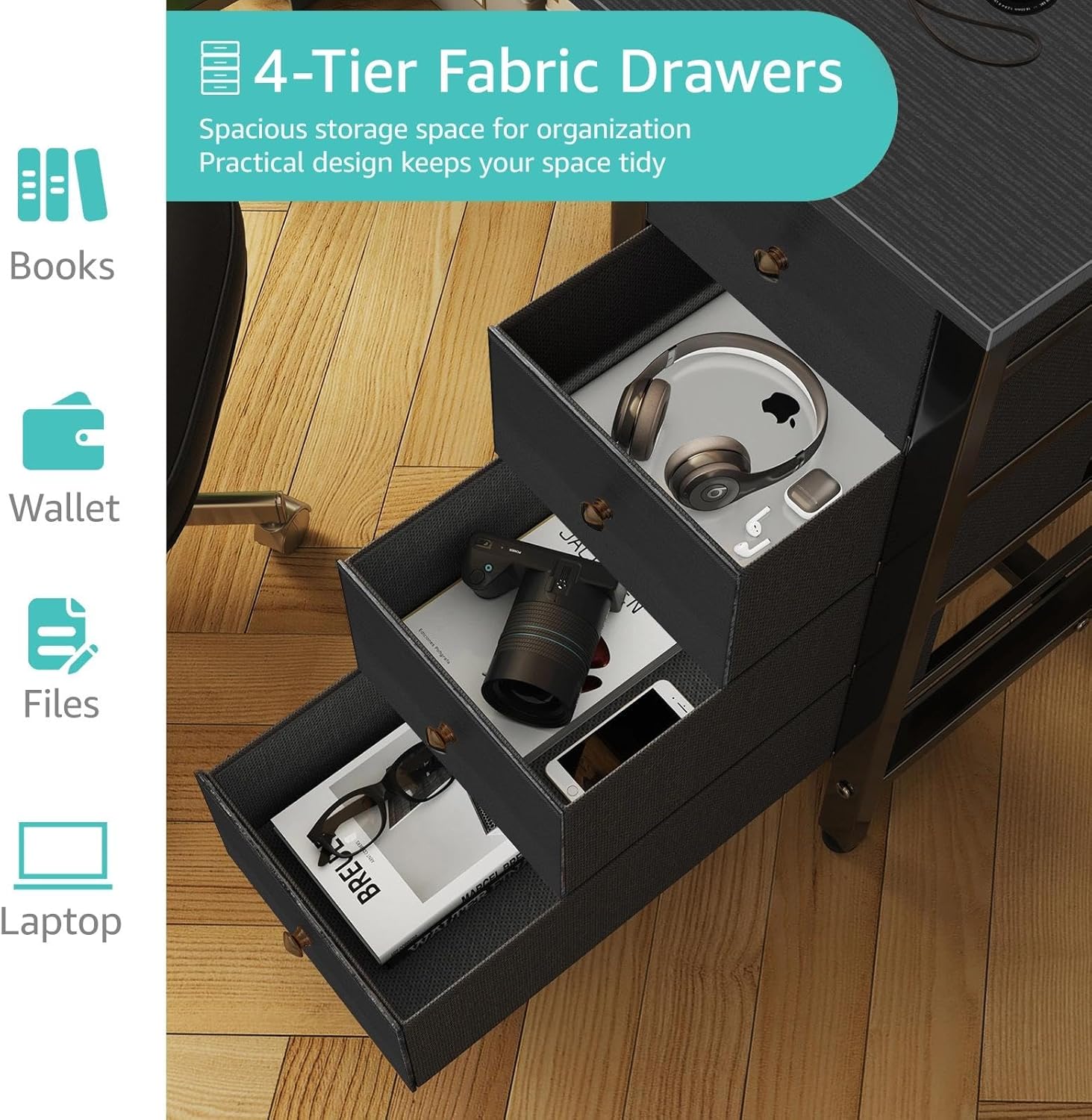 Close-up view of the four fabric drawers, demonstrating their spacious interior for organizing items like books, wallets, files, and laptops.