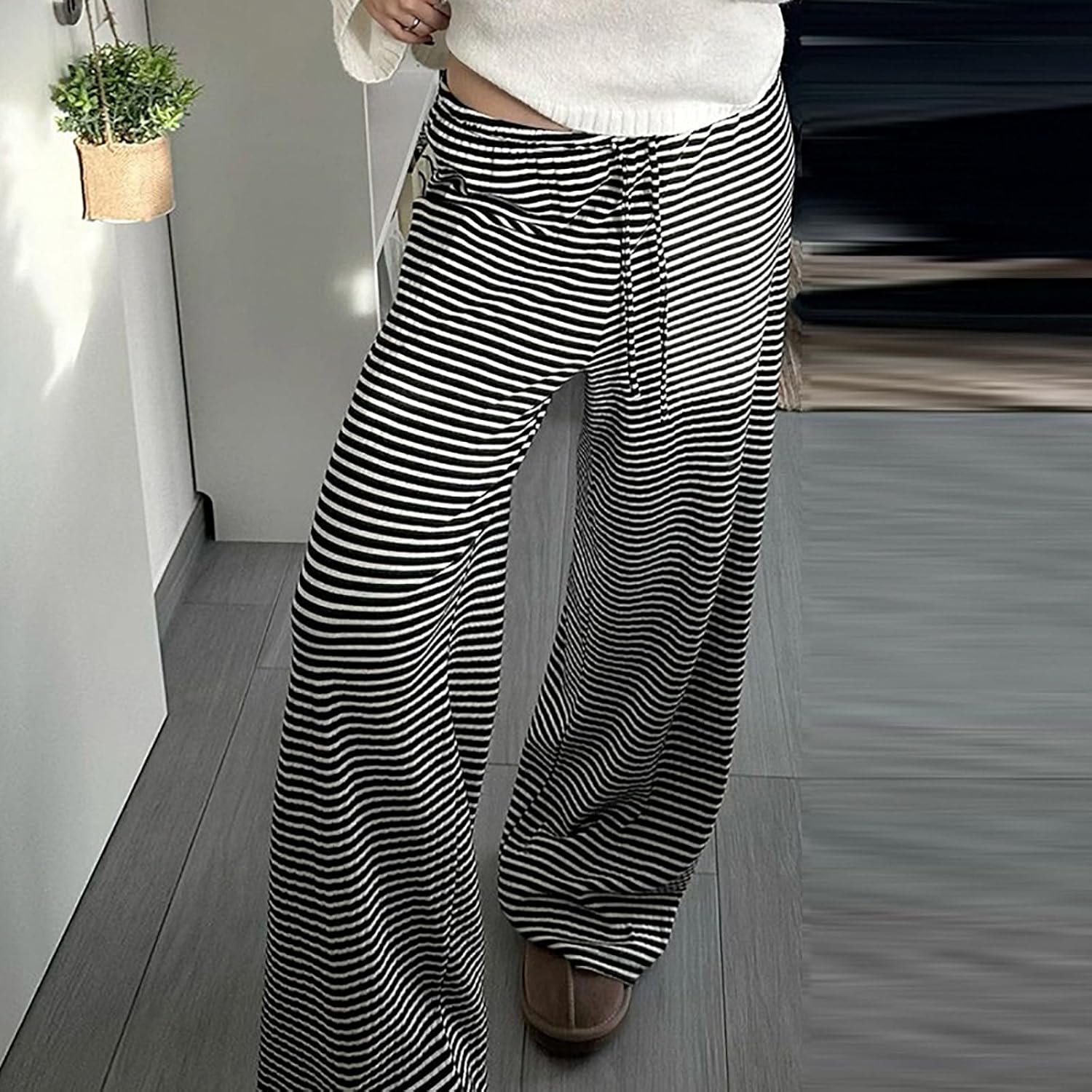 Women's Drawstring Pajama Pants Striped Casual Palazzo Wide Leg Lounge Pants Comfy Sleepwear Trousers - Image 2