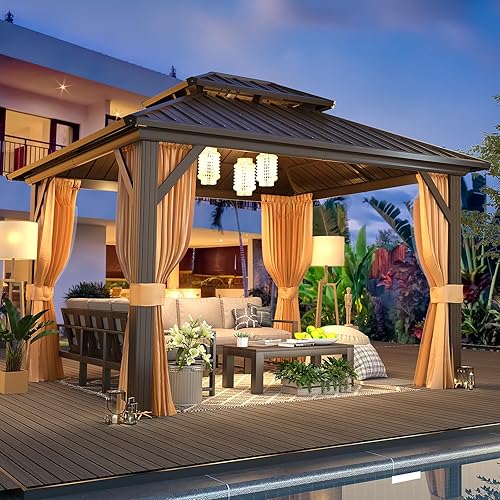 Miniatura 9 de MELLCOM - Kiosco de techo rígido de aluminio con doble techo de metal con cortina y red, pabellón de acero galvanizado permanente para patio, césped