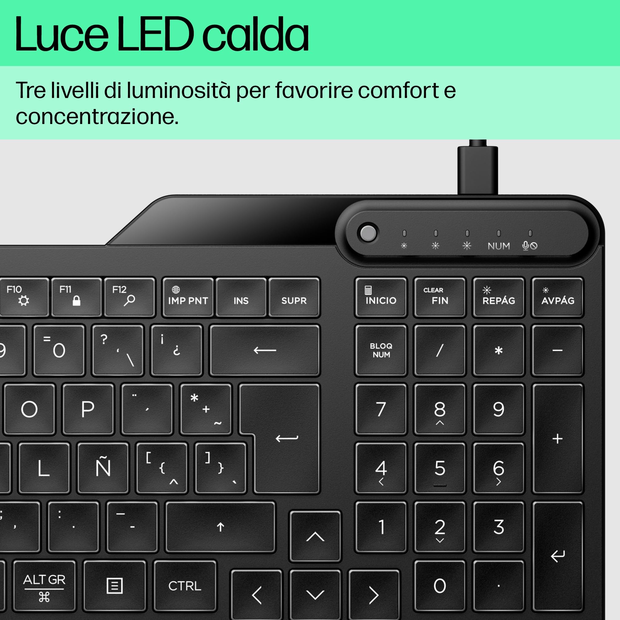 HP 400 Tastiera Cablata, Connessione tramite USB-C e con Adattatore USB-A, Qwerty, 12 Tasti Programmabili, Retroilluminazione, Compatibile con Windows 10 e 11, Chrome OS, MacOS, Nera