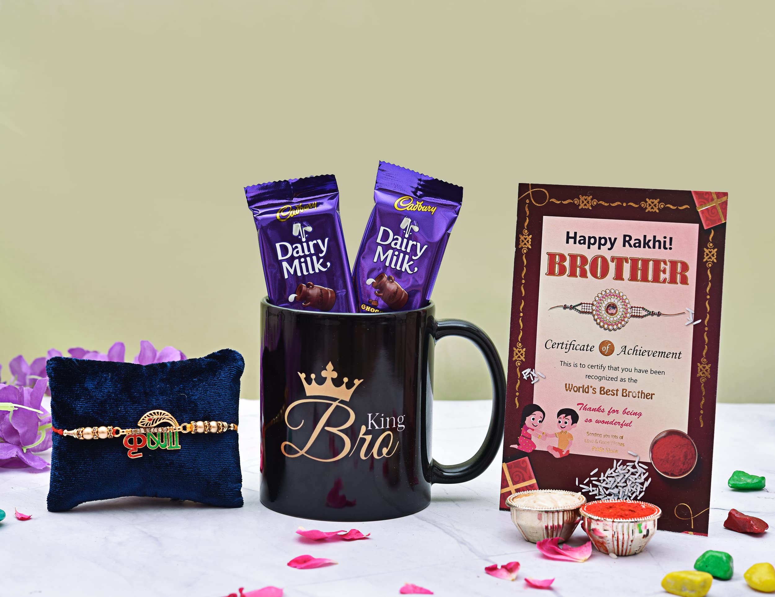 Pride Store Pack of Krishna Rakhi Combo | Dairy Milk Chocolates | "King Bro" Black Printed Coffee Mug | Achievement Certificate | Rakhi Gift for Brother, Bhai