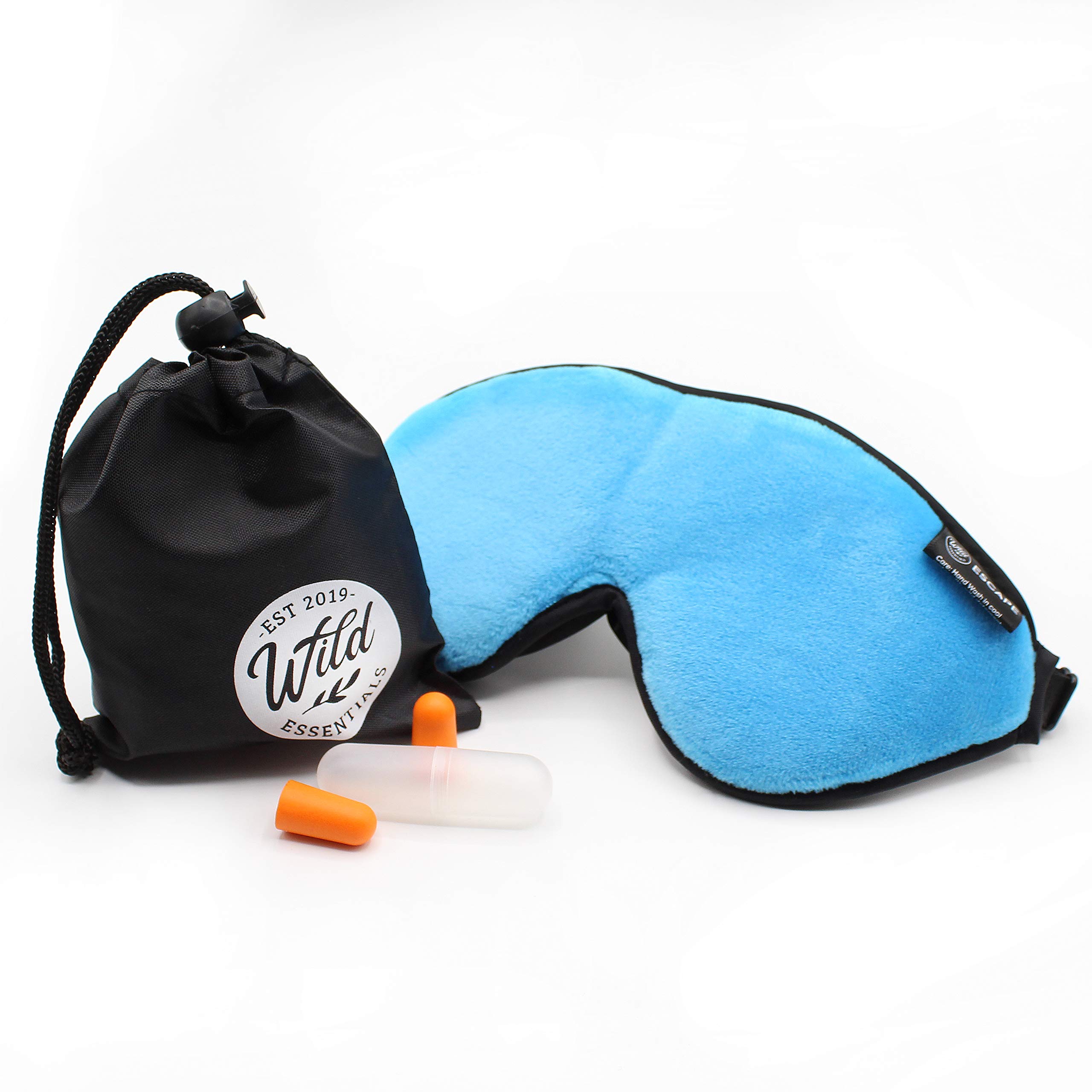 Wild Essentials® Escape Luxury Plush 3D Sleep Mask Kit with Molded Eye Cavities, Nose Bridge for Light Block, Soft Foam Cushion, Earplugs and Carry Pouch, Gift Set, Travel (Breezy Blue)