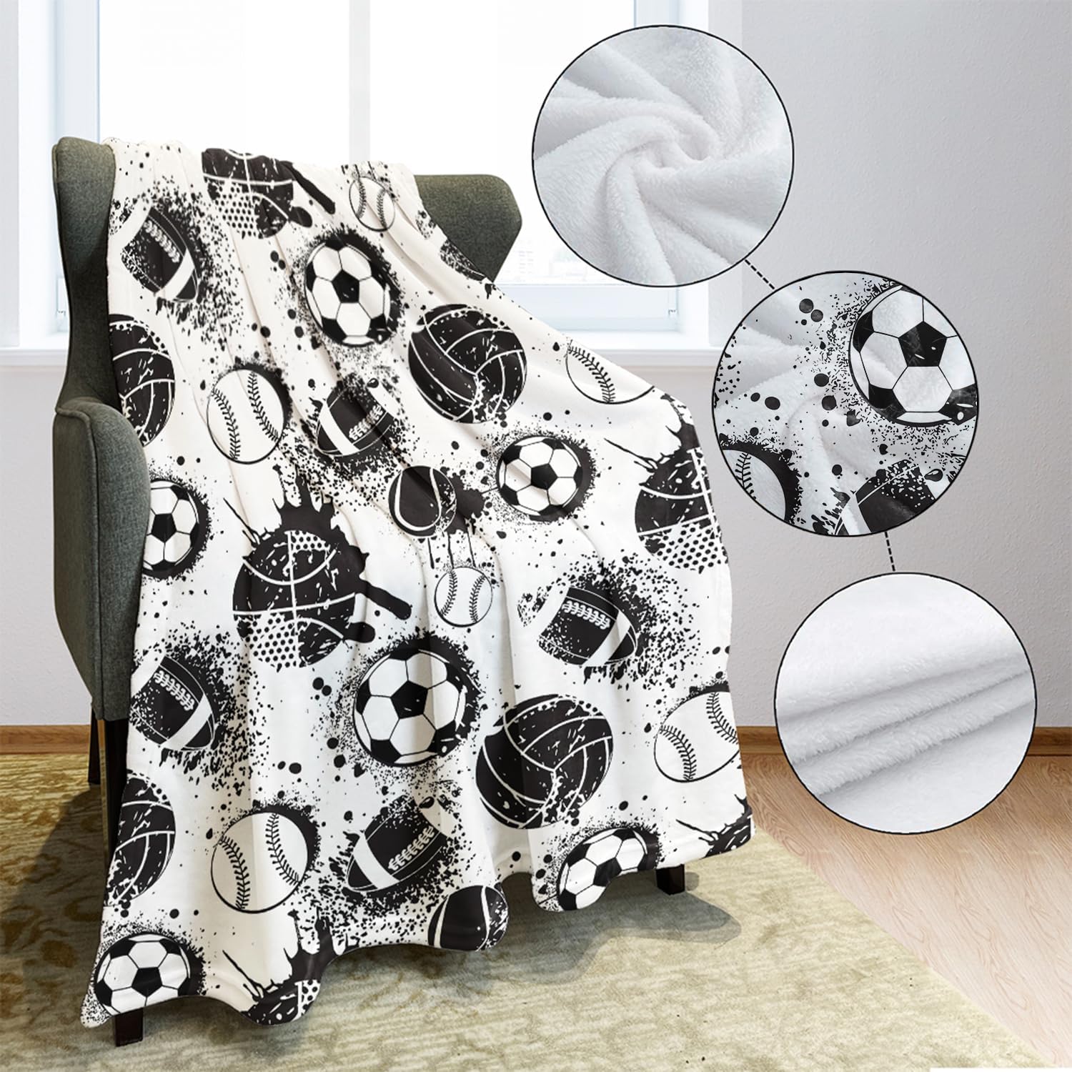 YISUMEI Black and White Sports Balls Fleece Blanket Plush and Warm Basketball Soccer Baseball Throw for Sport Fans Kids Adults Gifts 50"x60"