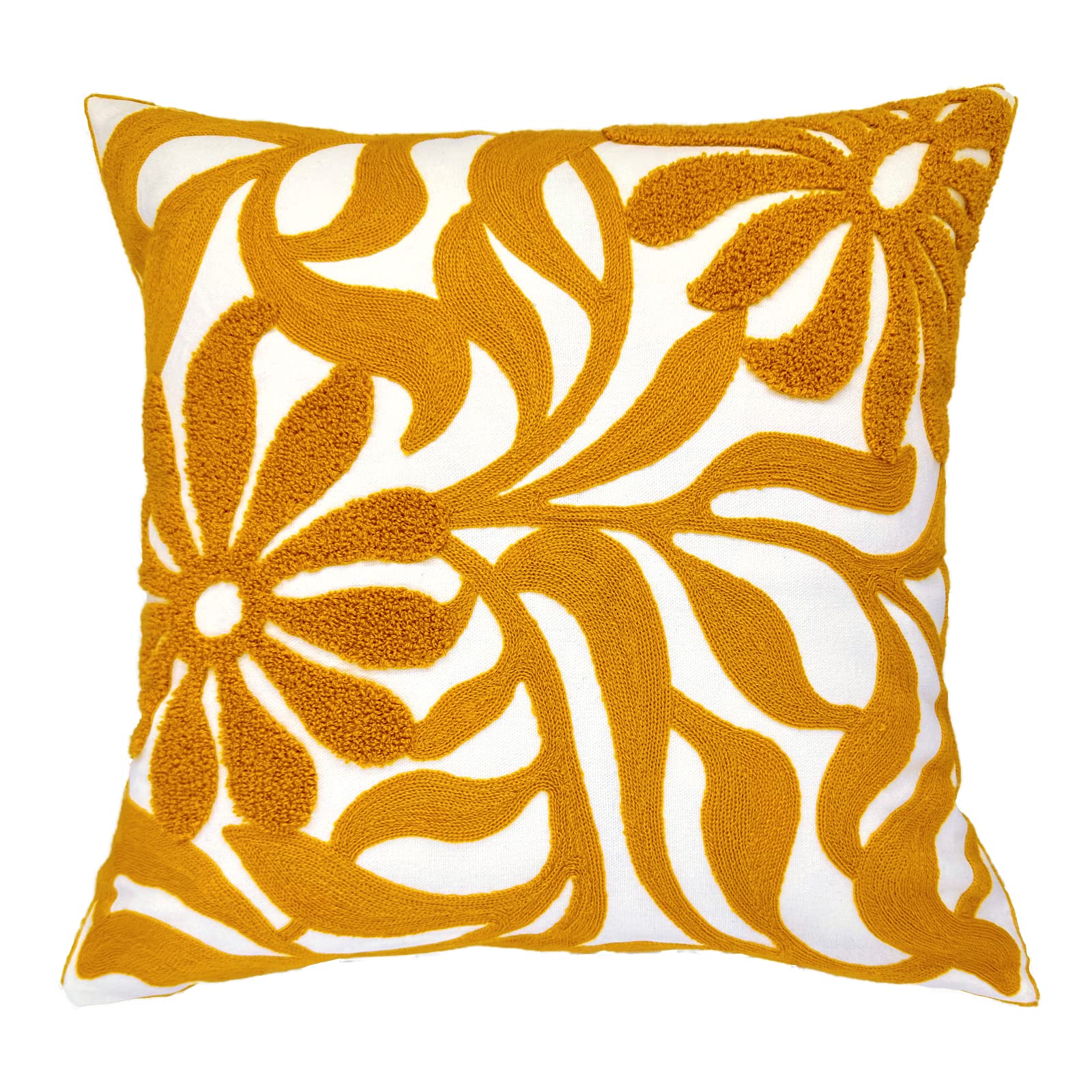 Alysheer Farmhouse Floral Leaves Embroidered Decorative Throw Pillow Cover 18x18 inches, Boho Tufted Flowers Embroidery Pattern Chic Cotton Cushion Case for Couch Bed Sofa Living Room(Mustard Yellow)