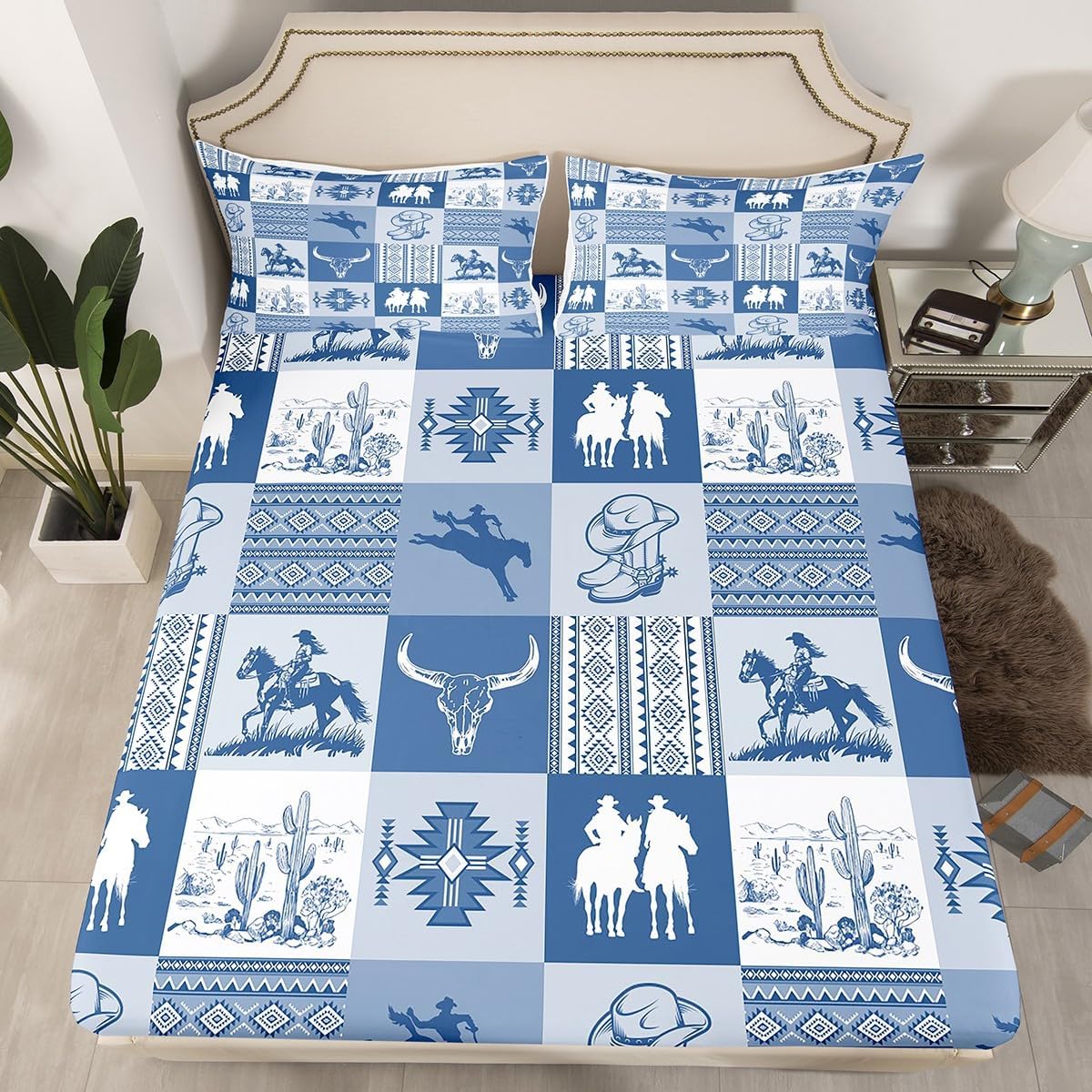 Western Cowboy Fitted Sheet Twin Size,Cow Skull Desert Cactus Bedding Set,Rustic Aztec Tribal Striped Bed Sheets,Kids Teens Adult Room Decor,Brown Turquoise Geometric Plaid Deep Pocket Sheet 2Pcs