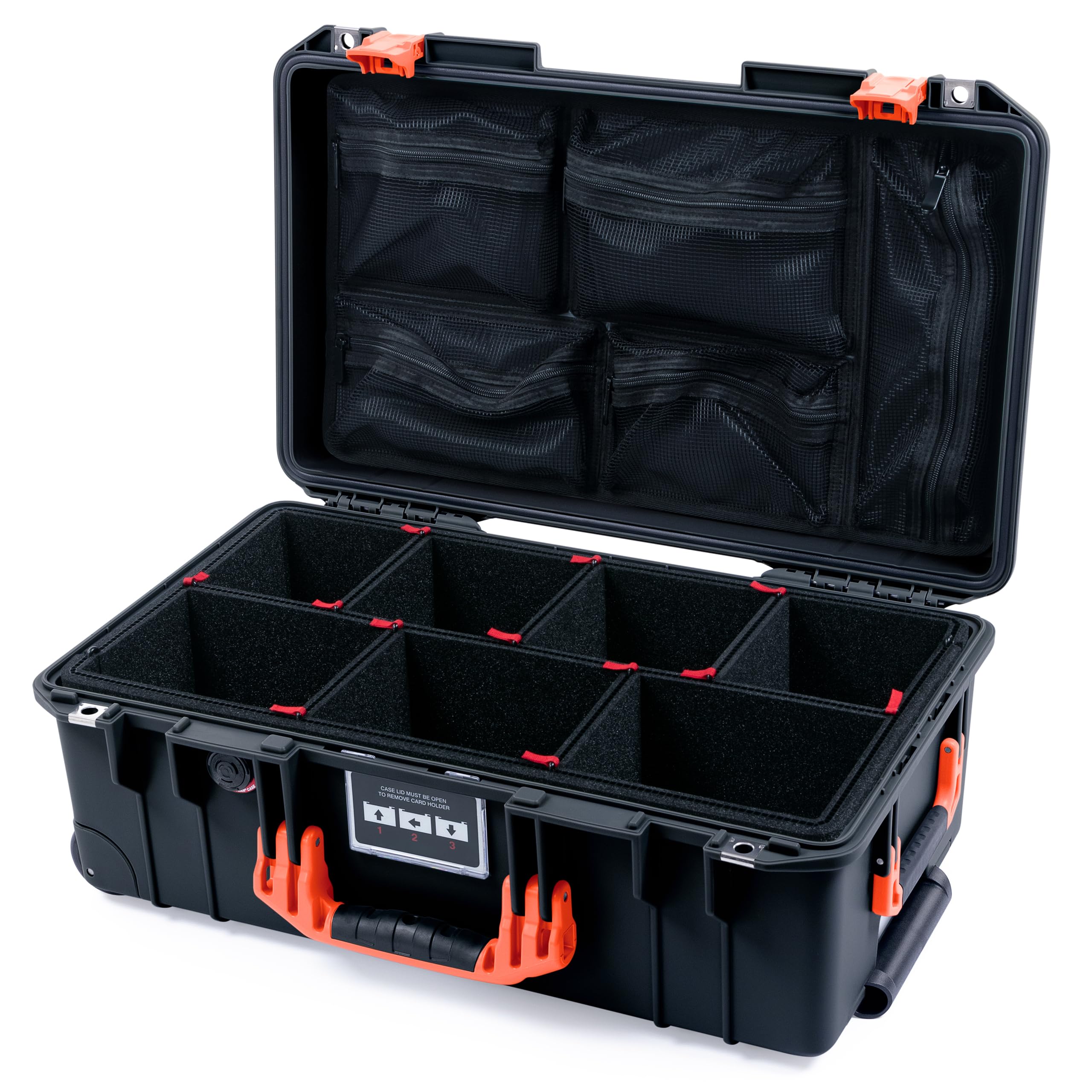 Pelican Air 1535 Carry-on Case by ColorCase - Black - Medium Size Waterproof Case with TrekPak Divider System & Mesh Lid Organizer - Orange Handles &