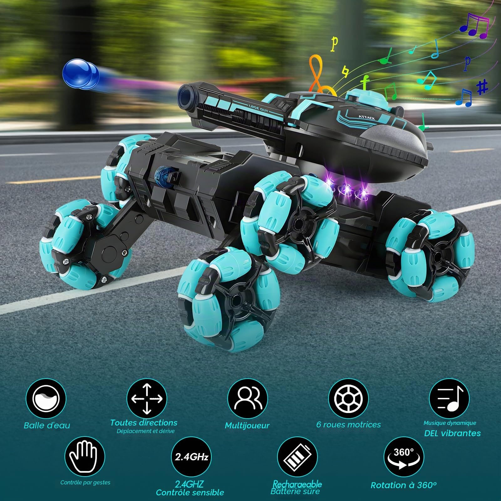 Char RC Télécommandé Gesture Sensing Voiture Telecommandé Tout Terrain 2.4Ghz Réservoir Télécommandé Jouet 360° Rotation Battle Tank RC Tir Balles d'eau avec pour Enfants Adultes Cadeau