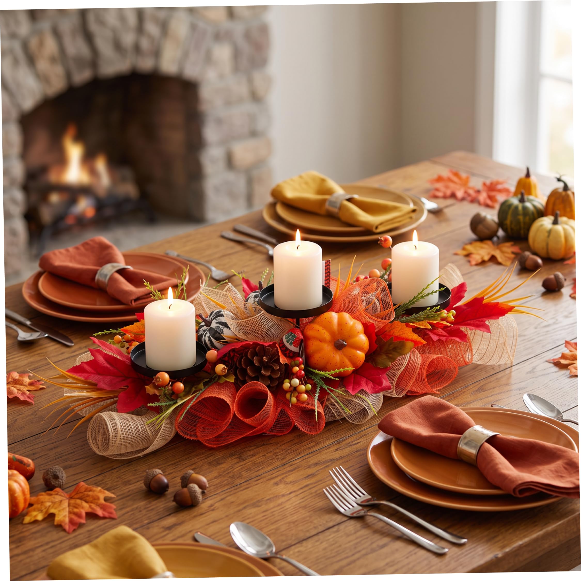 Decorazione da tavola autunnale, portacandele foglia d'acero arancione a 3 candele, 24x12 pollici